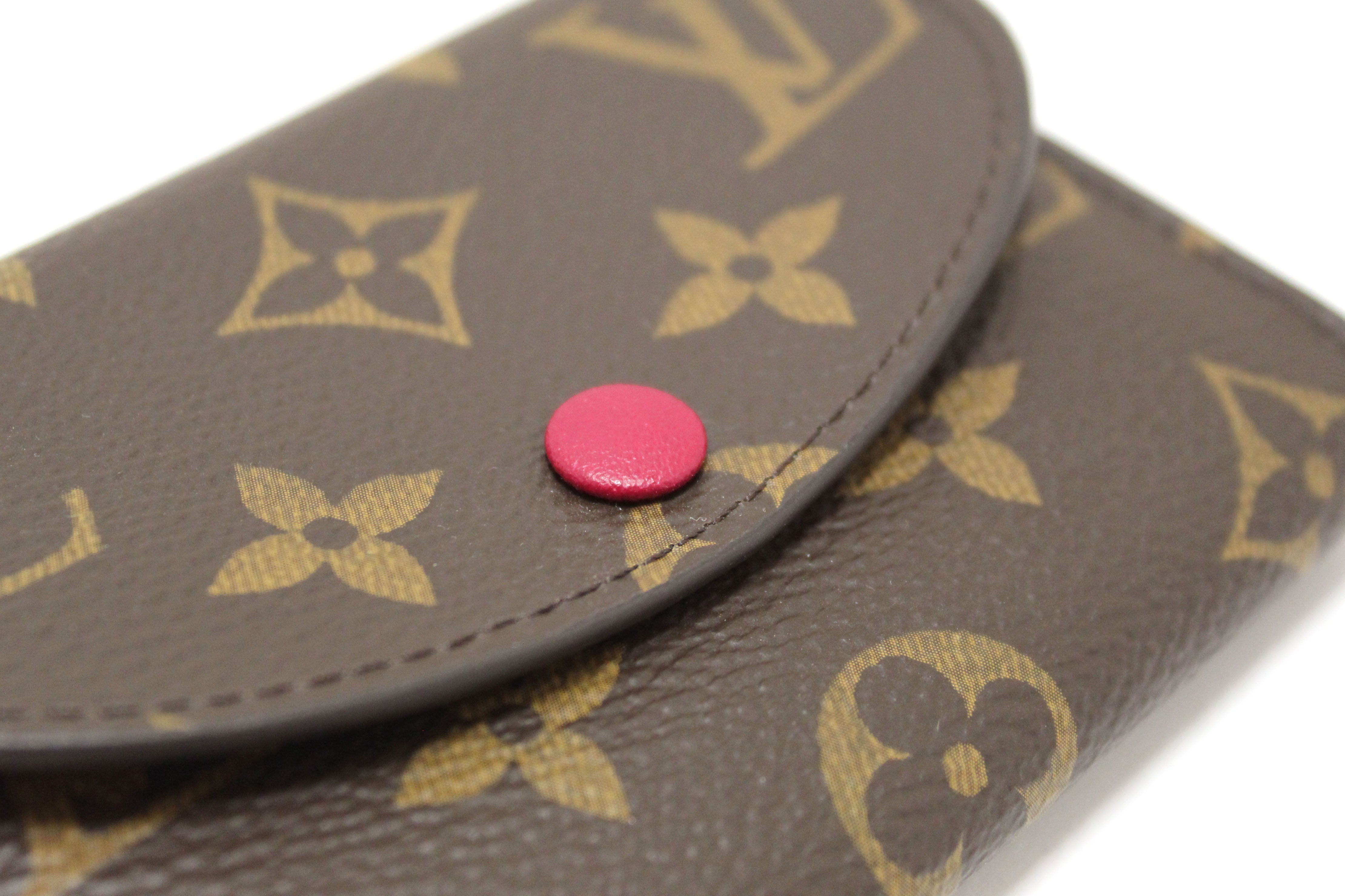 Authentic New Louis Vuitton Classic Monogram with Fuchsia Rosalie Coin Card Case Wallet