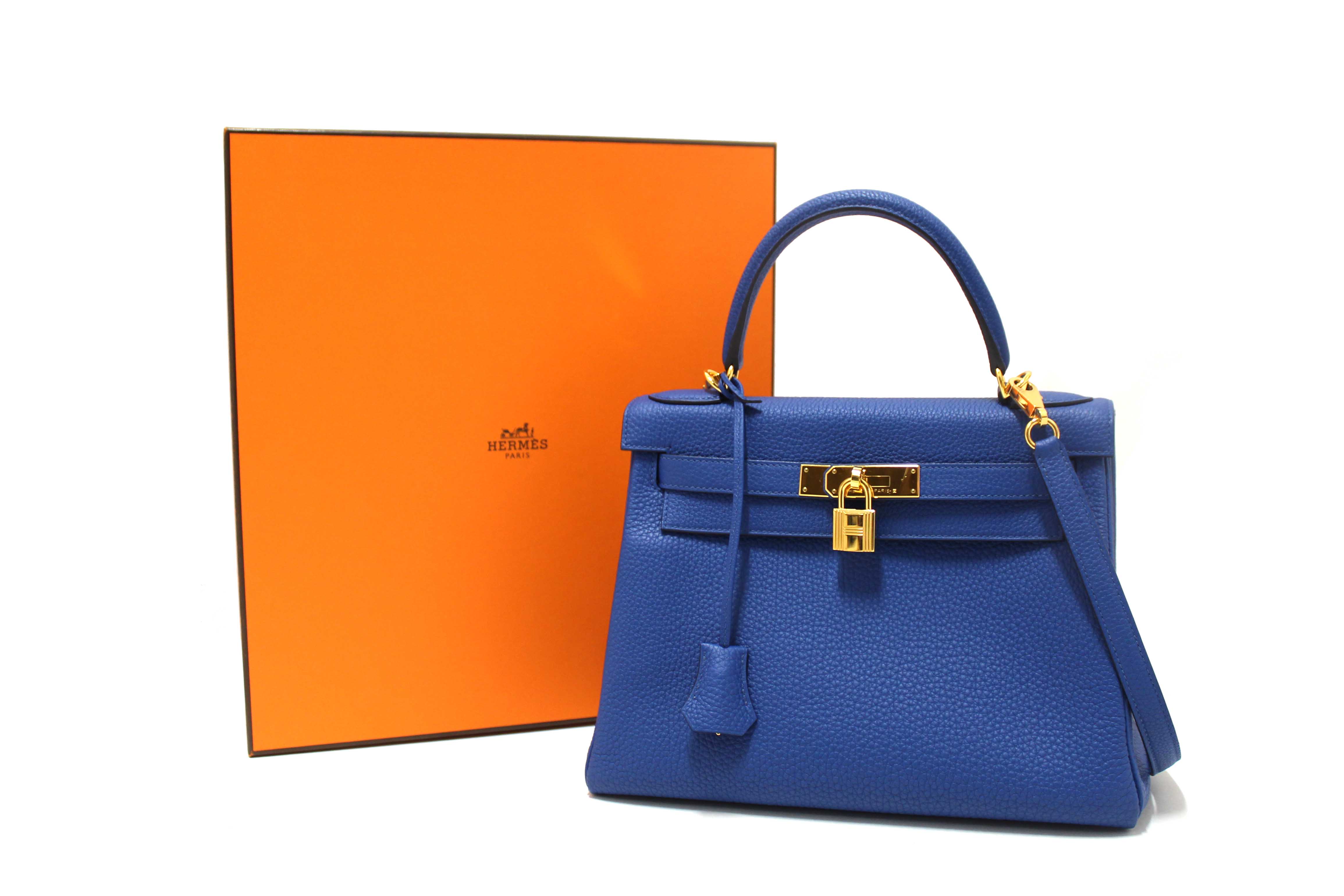 Authentic Hermes Blue Franc Togo Leather Retourne Kelly 28 Handbag/Shoulder Bag