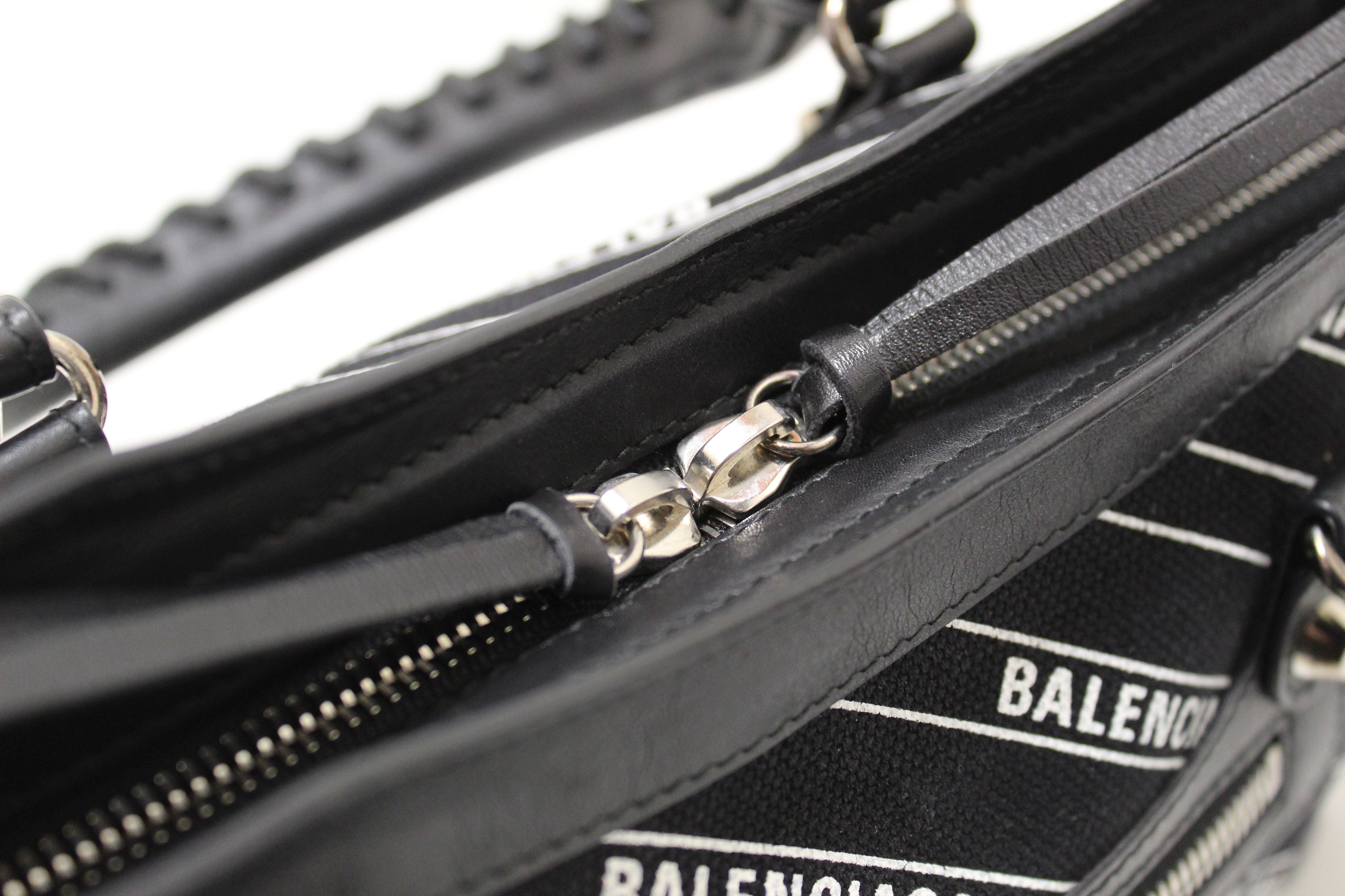 Authentic Balenciaga Black Leather and Logo Fabric S City Bag