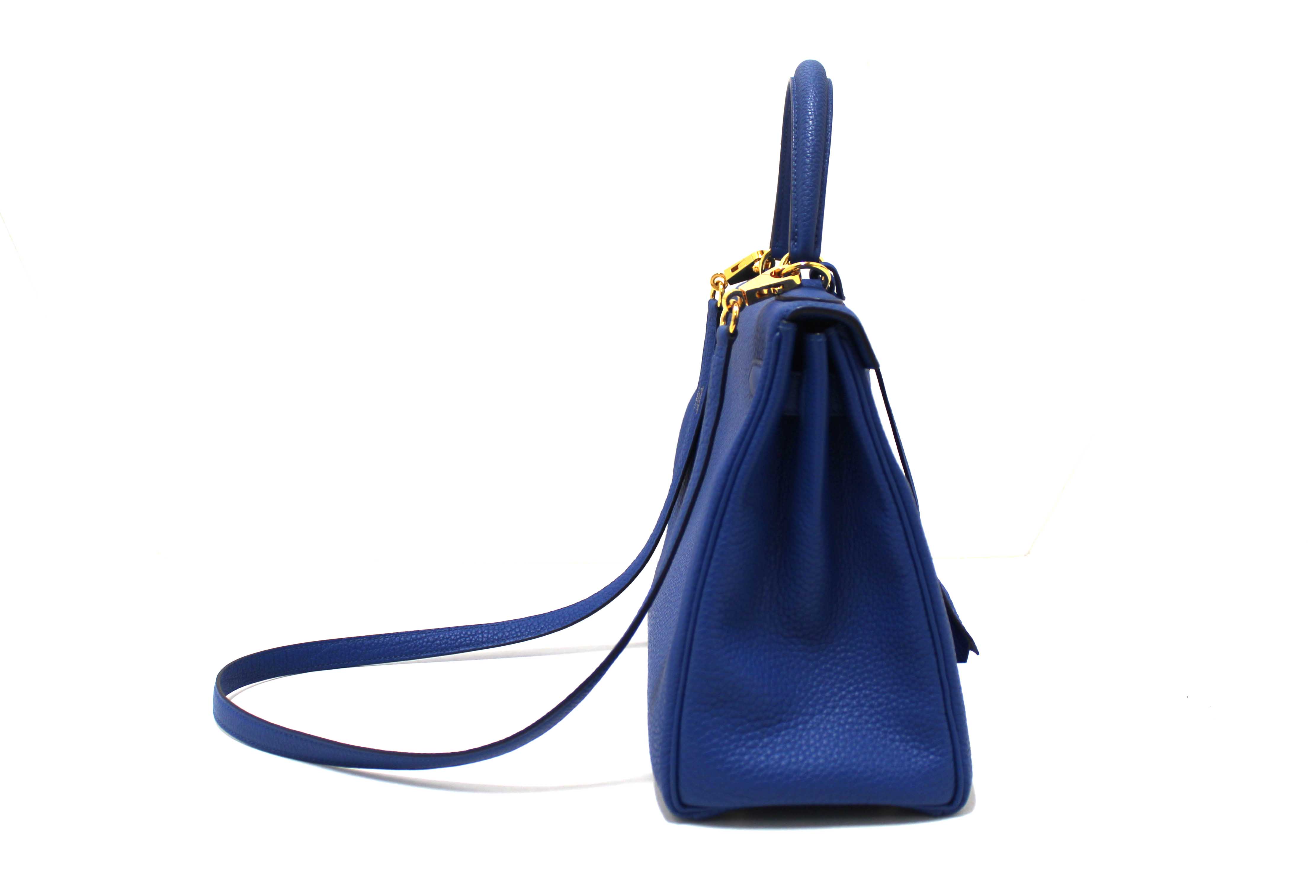 Authentic Hermes Blue Franc Togo Leather Retourne Kelly 28 Handbag/Shoulder Bag