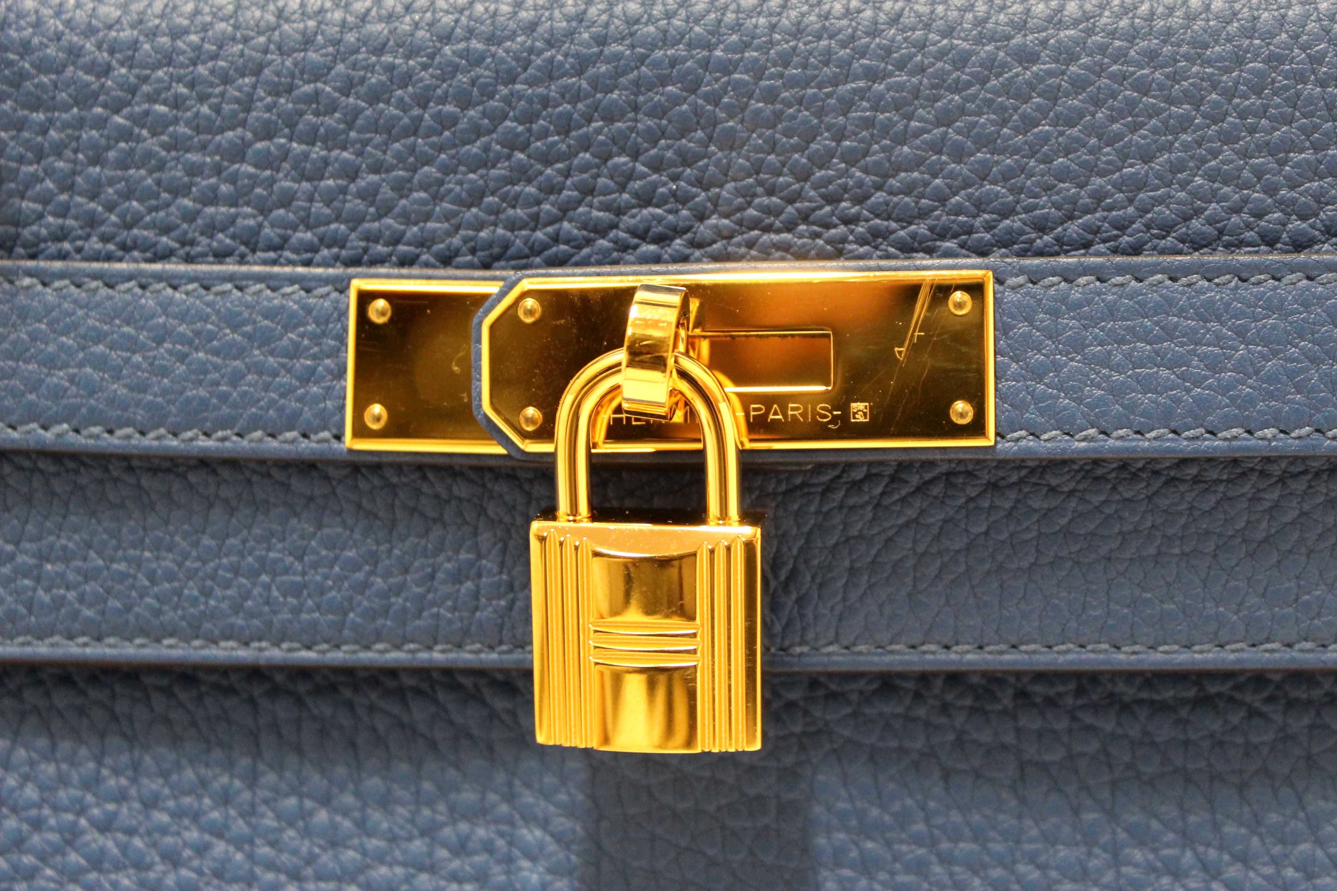 Authentic Hermes Blue Franc Togo Leather Retourne Kelly 28 Handbag/Shoulder Bag