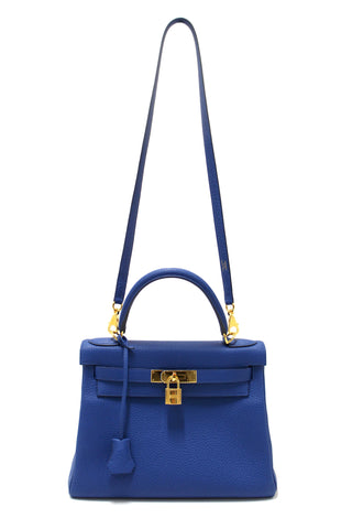Authentic Hermes Blue Franc Togo Leather Retourne Kelly 28 Handbag/Shoulder Bag