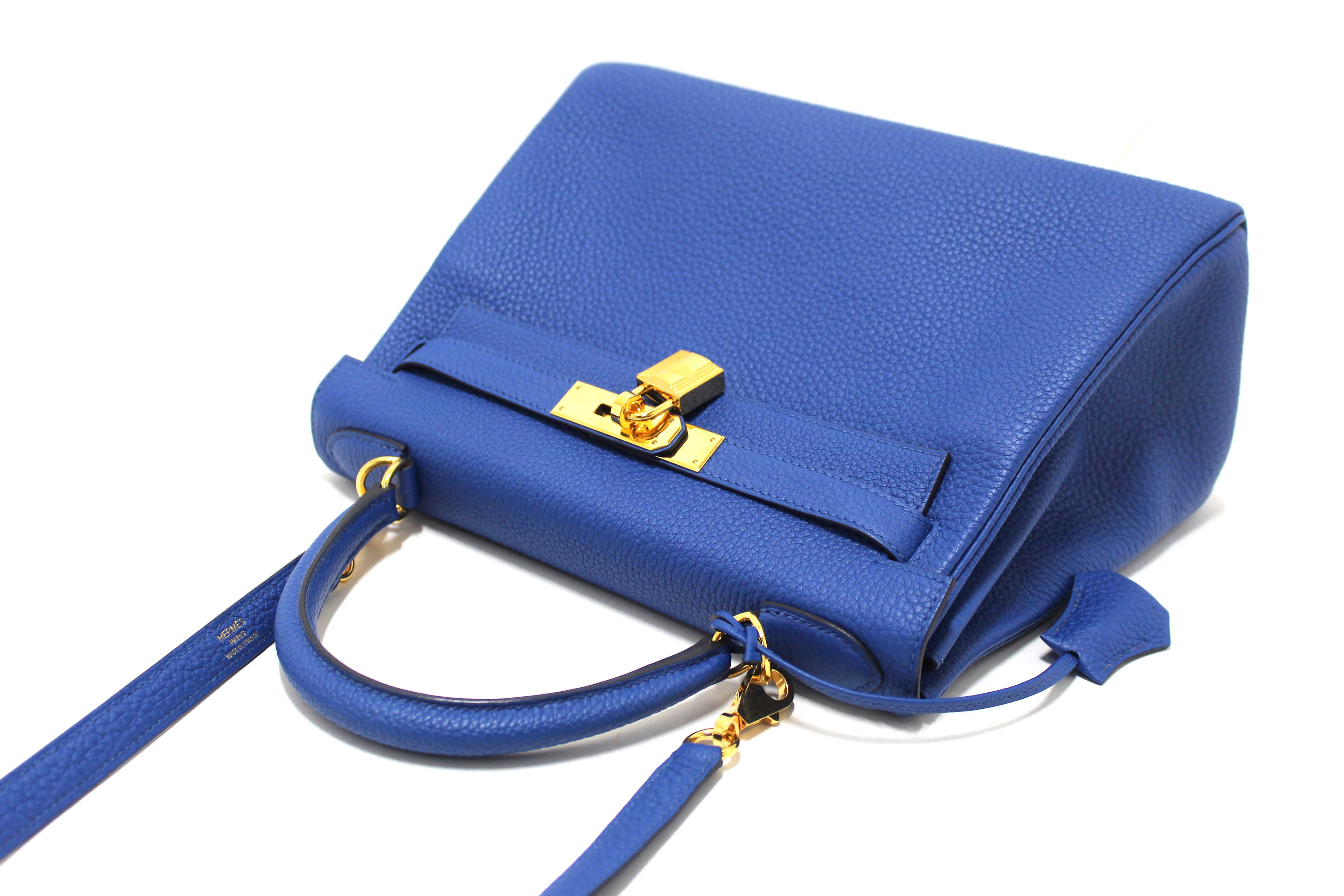 Authentic Hermes Blue Franc Togo Leather Retourne Kelly 28 Handbag/Shoulder Bag