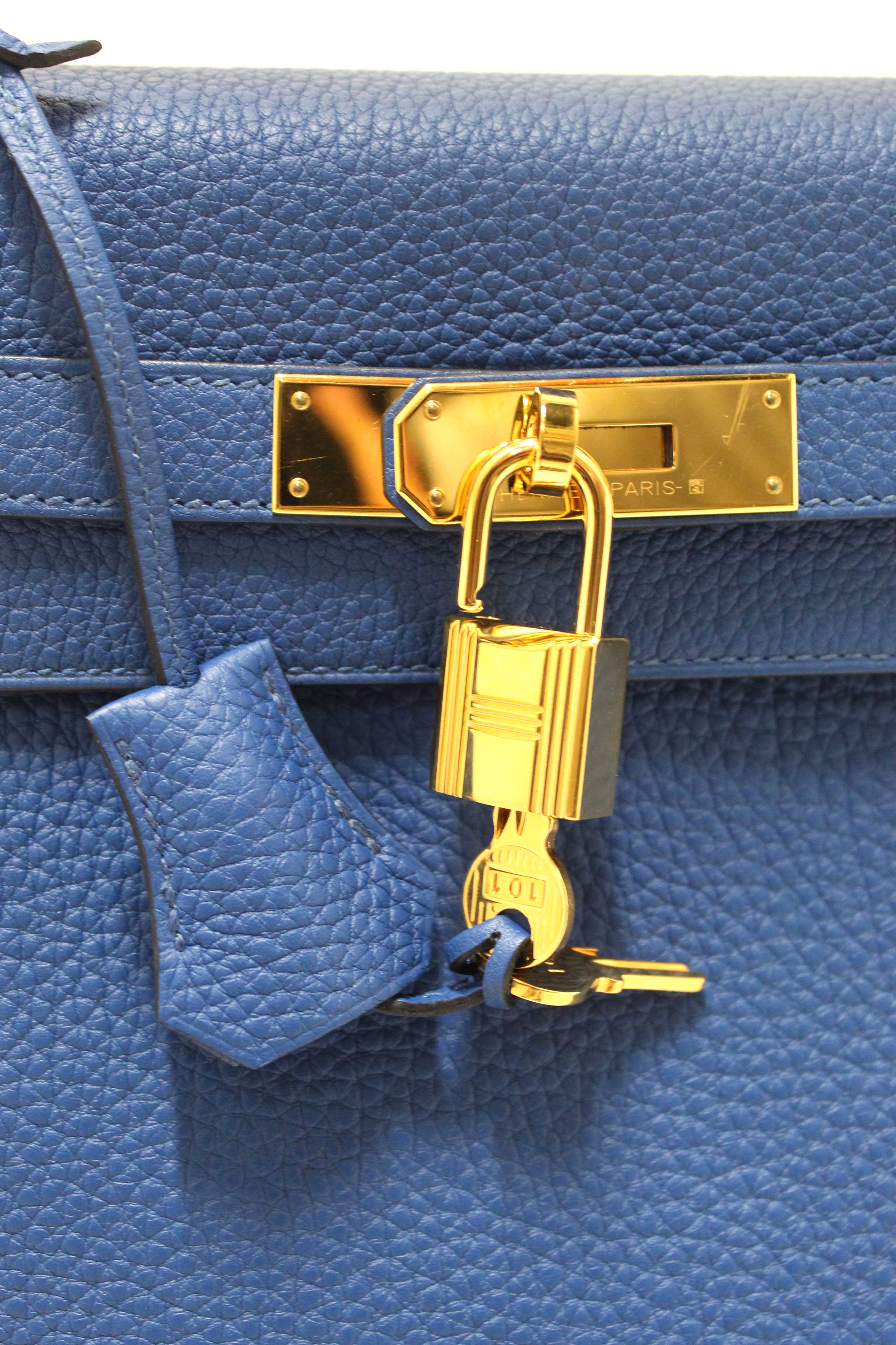 Authentic Hermes Blue Franc Togo Leather Retourne Kelly 28 Handbag/Shoulder Bag