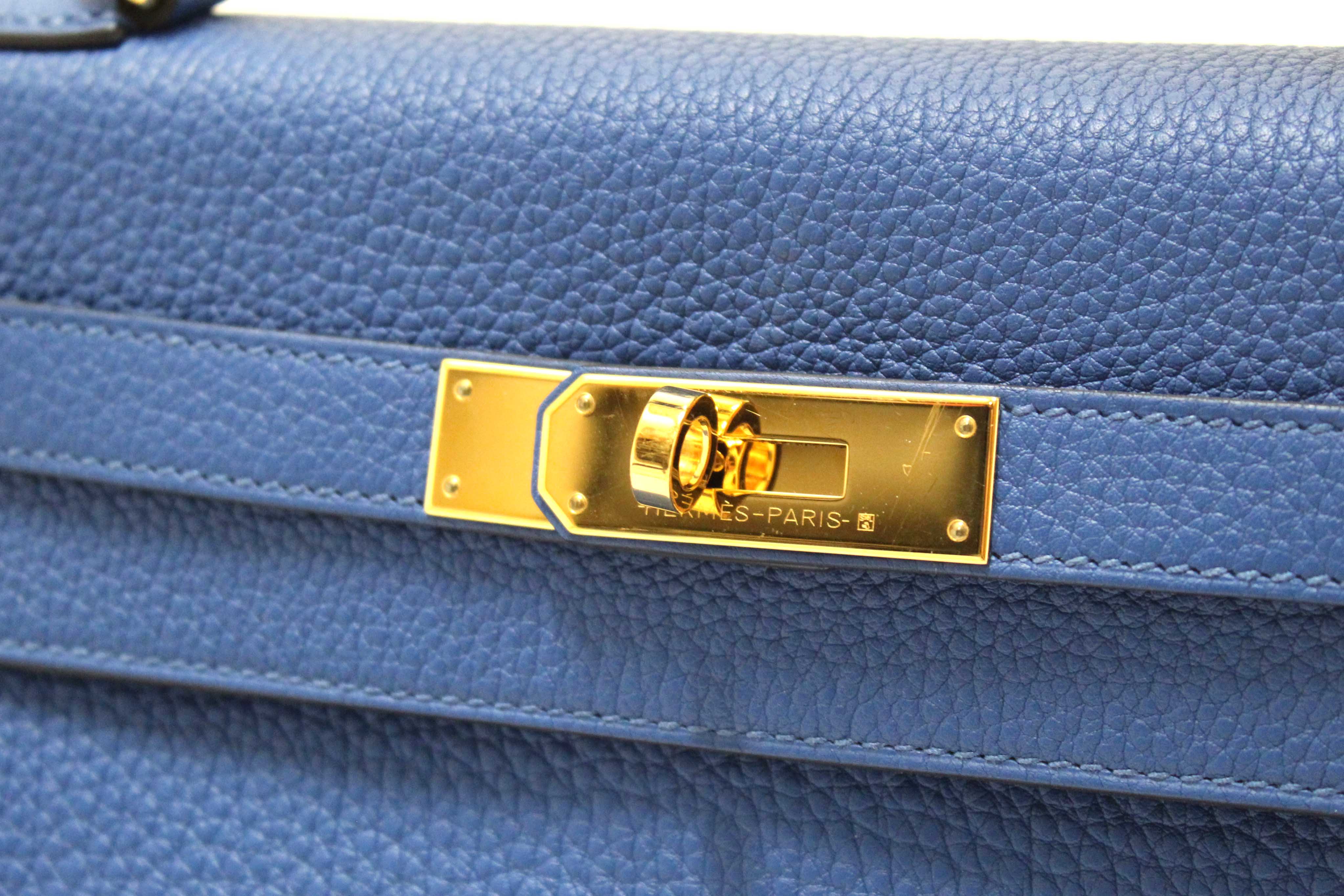 Authentic Hermes Blue Franc Togo Leather Retourne Kelly 28 Handbag/Shoulder Bag
