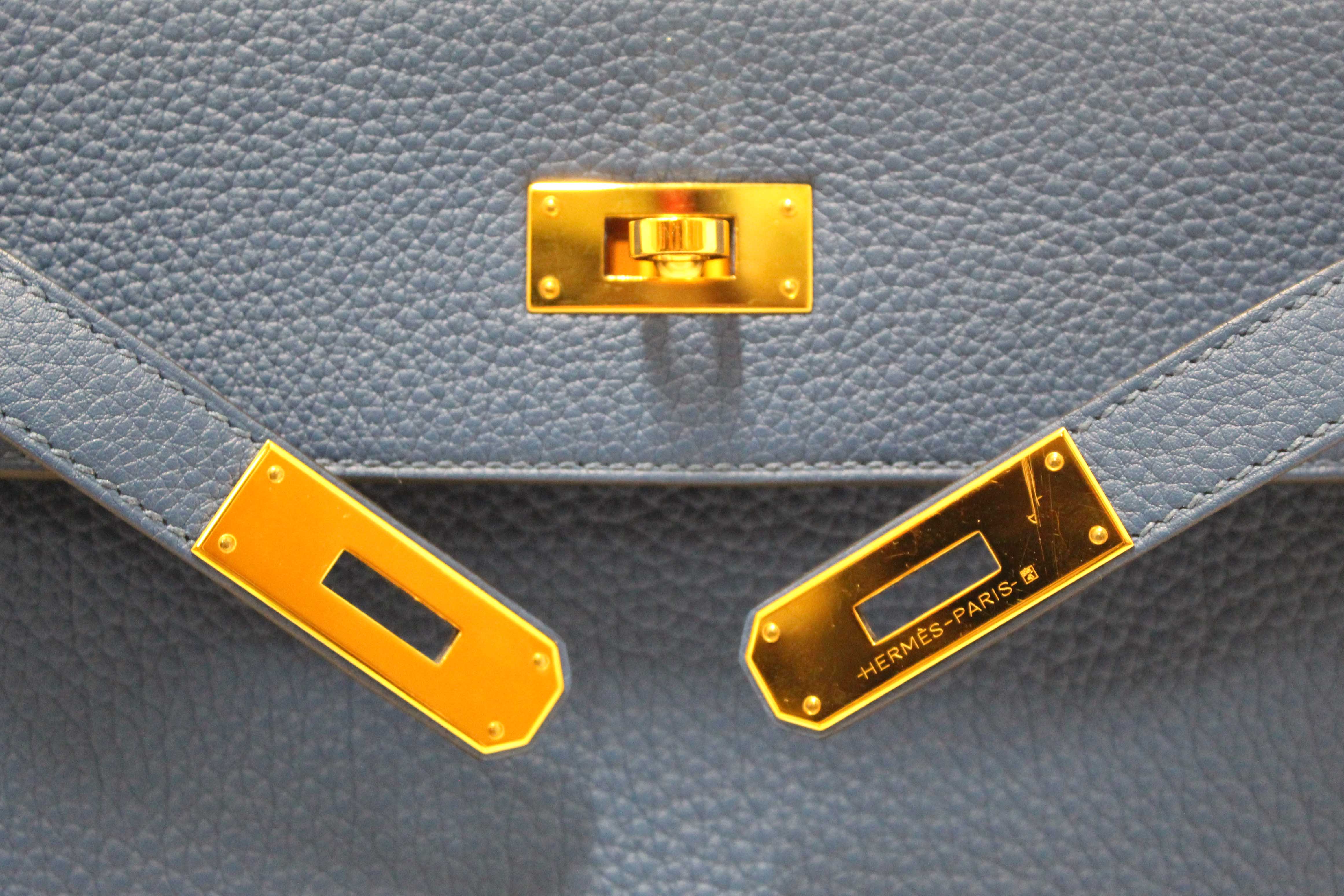 Authentic Hermes Blue Franc Togo Leather Retourne Kelly 28 Handbag/Shoulder Bag