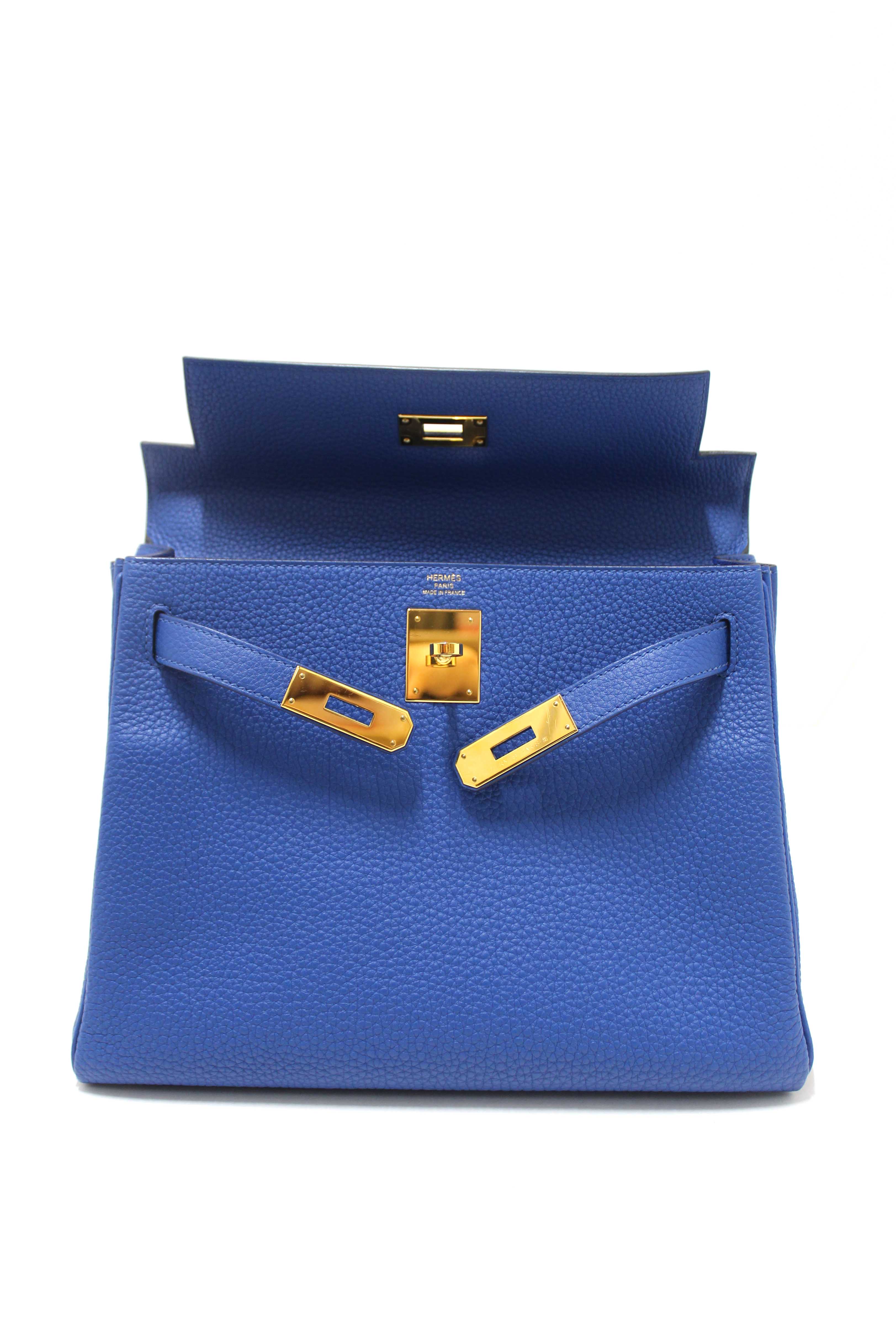 Authentic Hermes Blue Franc Togo Leather Retourne Kelly 28 Handbag/Shoulder Bag