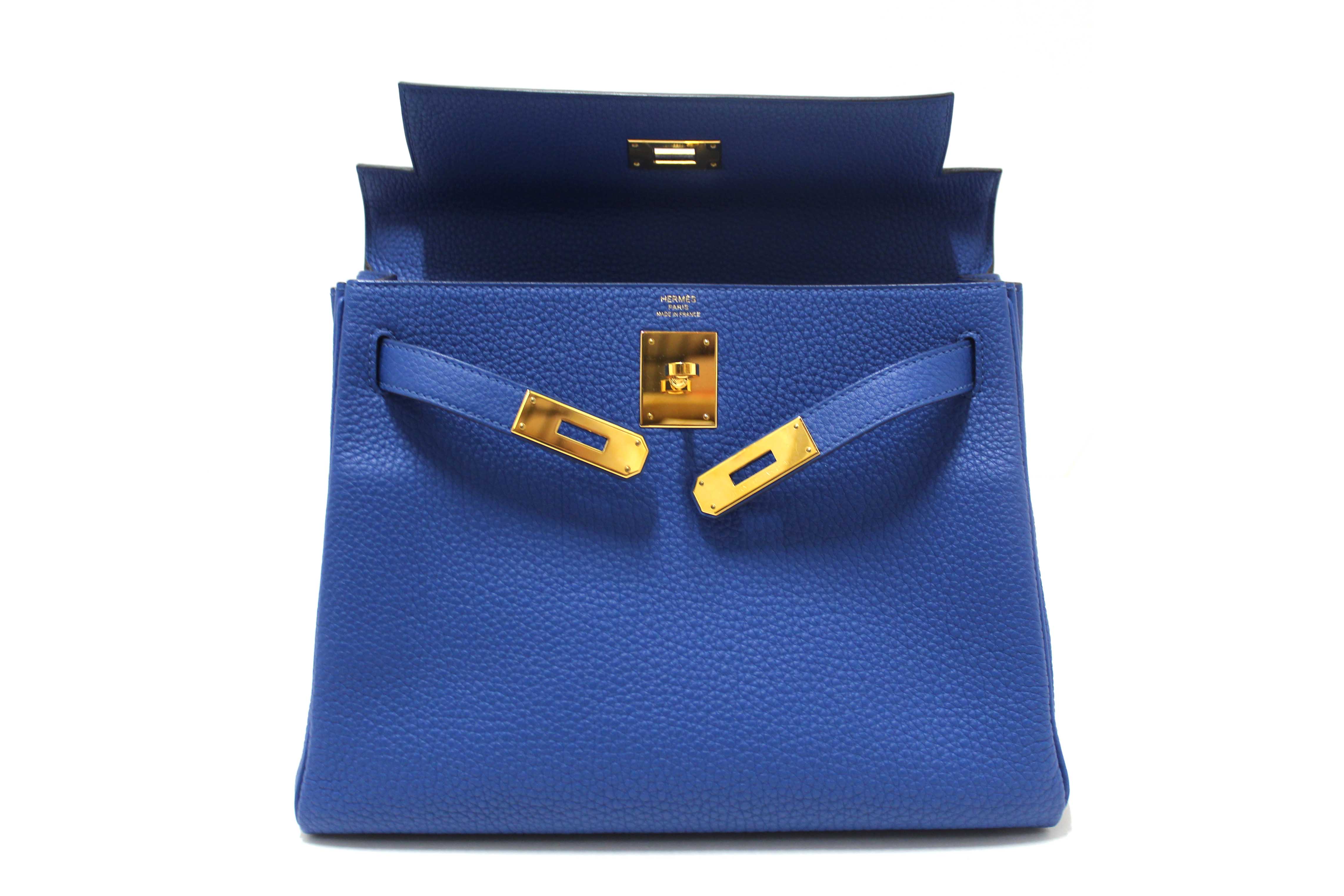 Authentic Hermes Blue Franc Togo Leather Retourne Kelly 28 Handbag/Shoulder Bag