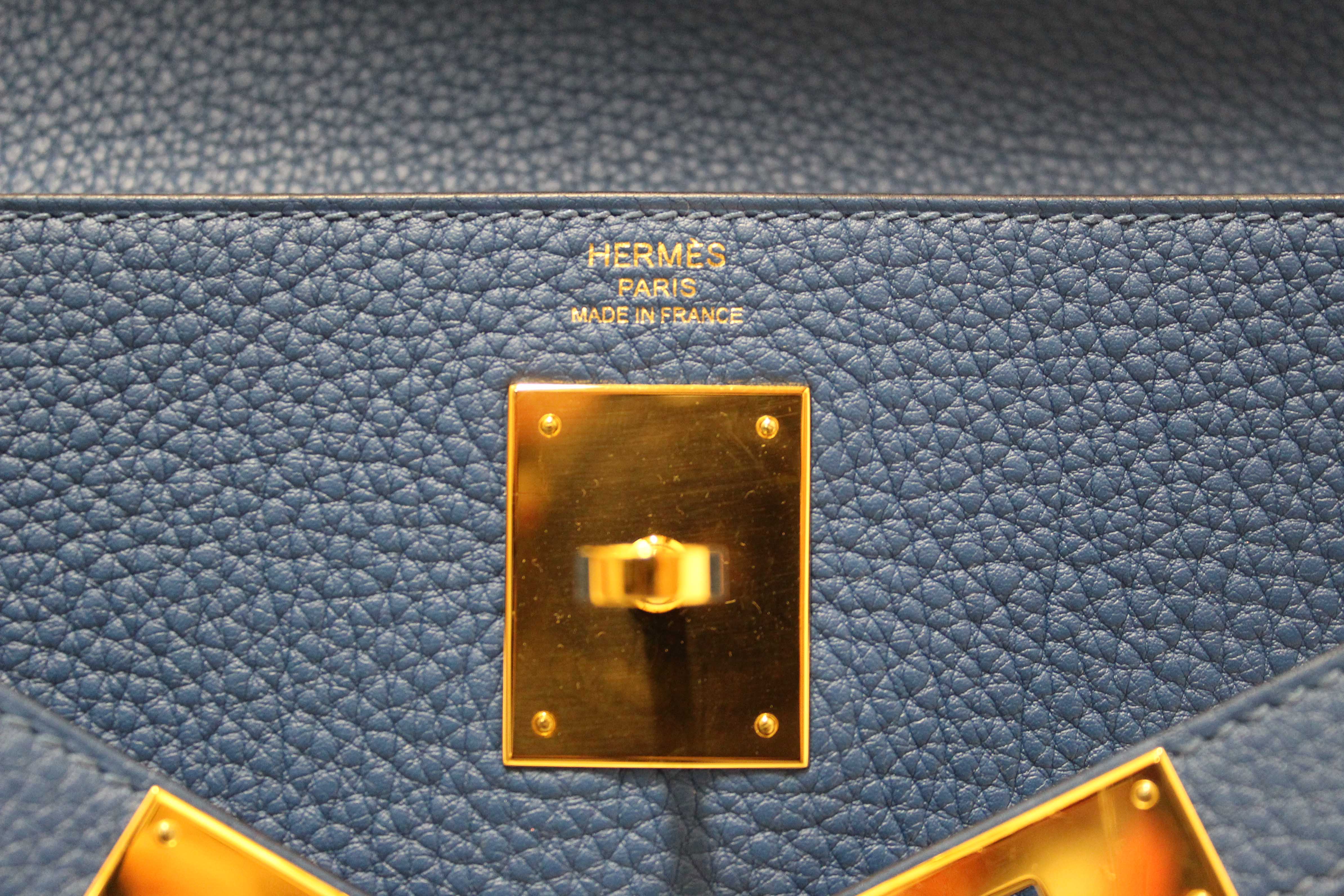 Authentic Hermes Blue Franc Togo Leather Retourne Kelly 28 Handbag/Shoulder Bag