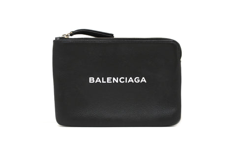 Authentic Balenciaga Black Leather Logo Medium Everyday Pouch Clutch