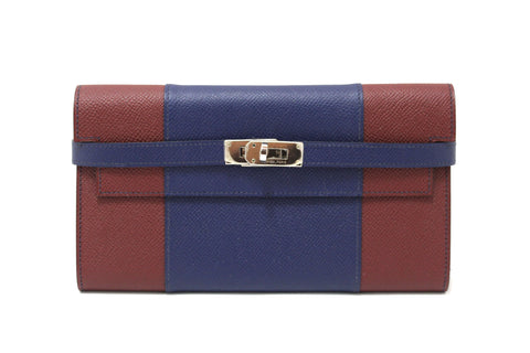 Authentic New Hermes Blue/Red Epsom Leather Bi-color Kelly Trifold Long Wallet