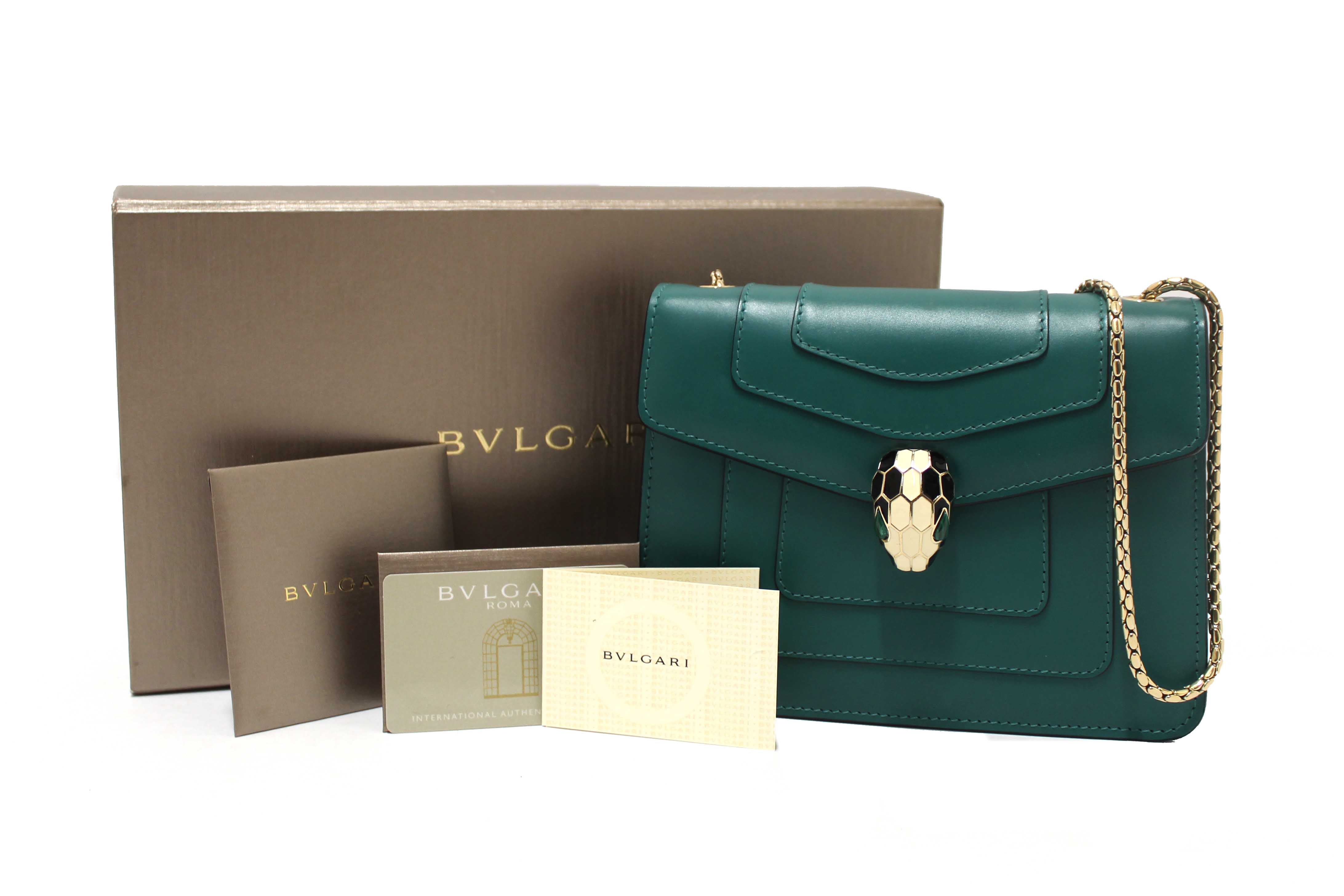 Authentic Bvlgari Emerald Green Calfskin Leather Snake Chain Small Serpenti Forever Crossbody Bag