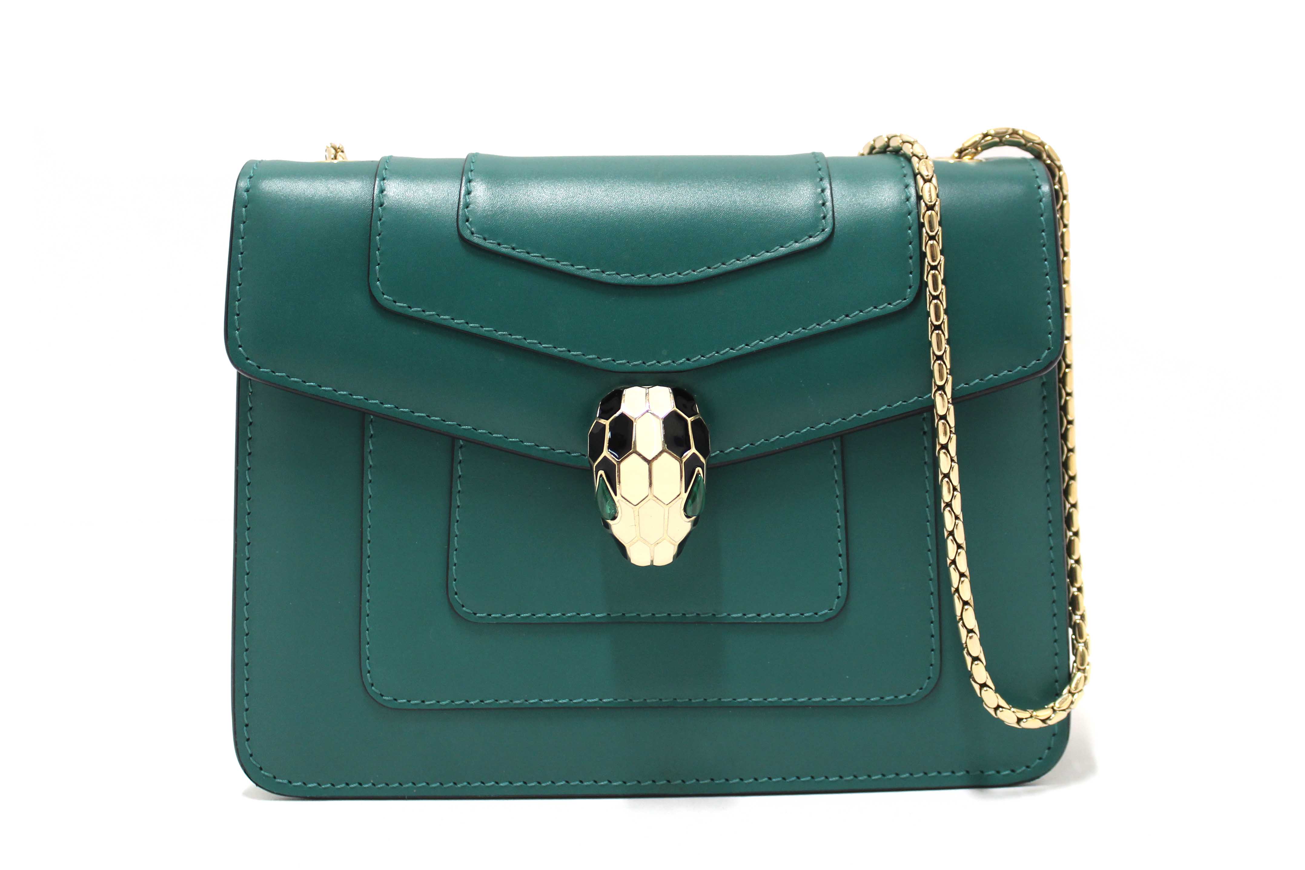 Authentic Bvlgari Emerald Green Calfskin Leather Snake Chain Small Serpenti Forever Crossbody Bag