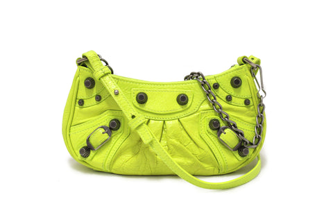 Authentic Balenciaga Neon Green Leather Le Cagole Mini Shoulder Bag