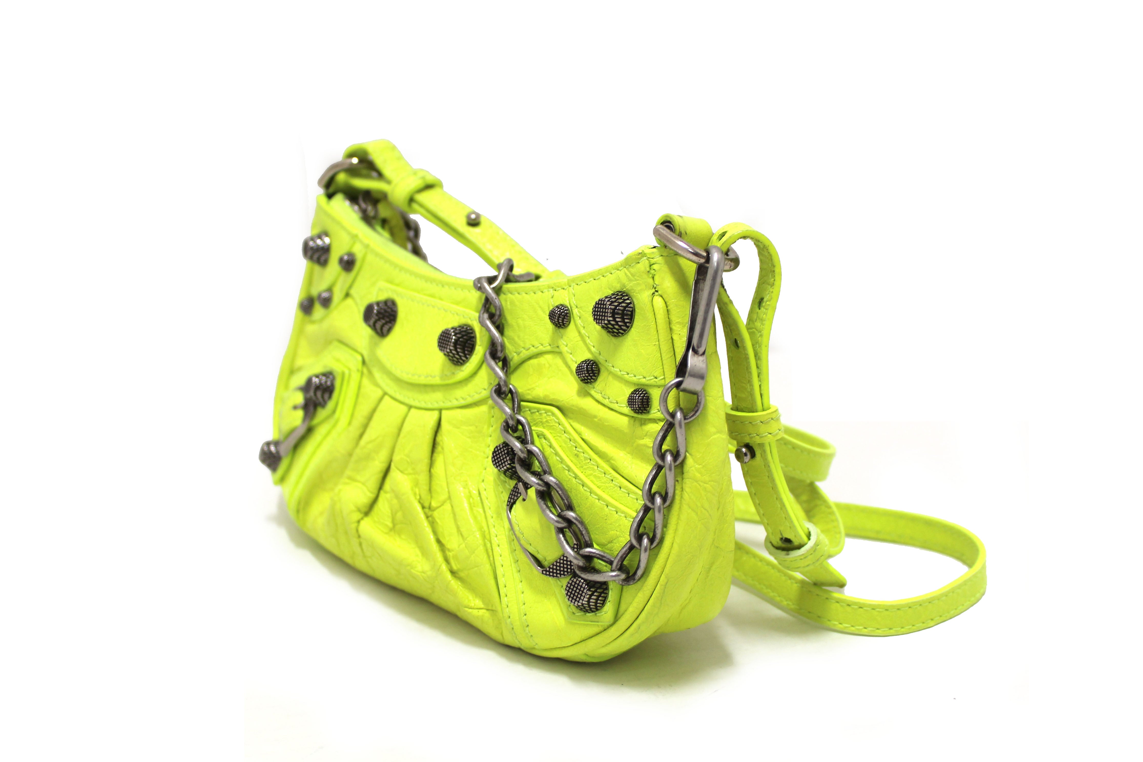 Authentic Balenciaga Neon Green Leather Le Cagole Mini Shoulder Bag