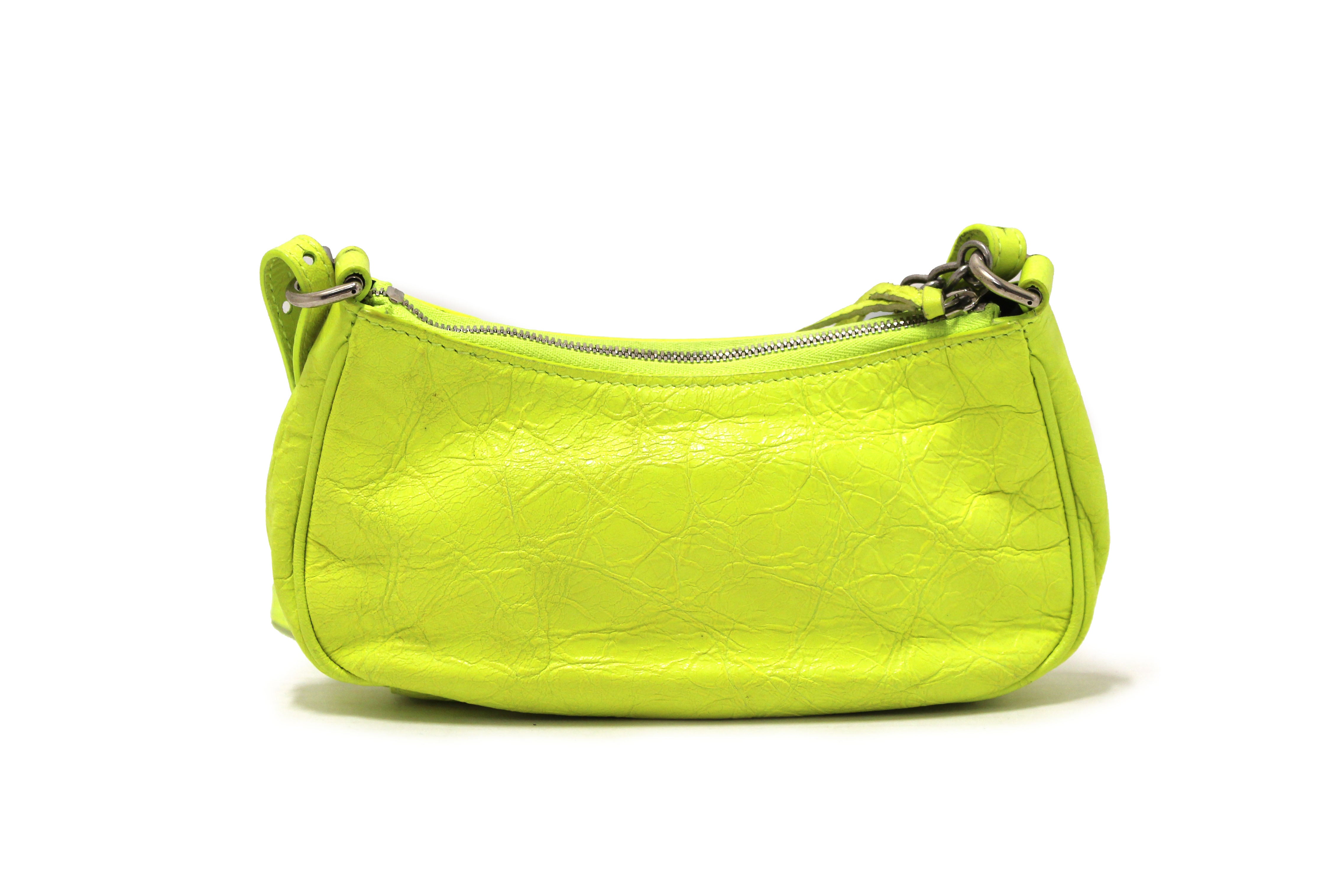 Authentic Balenciaga Neon Green Leather Le Cagole Mini Shoulder Bag