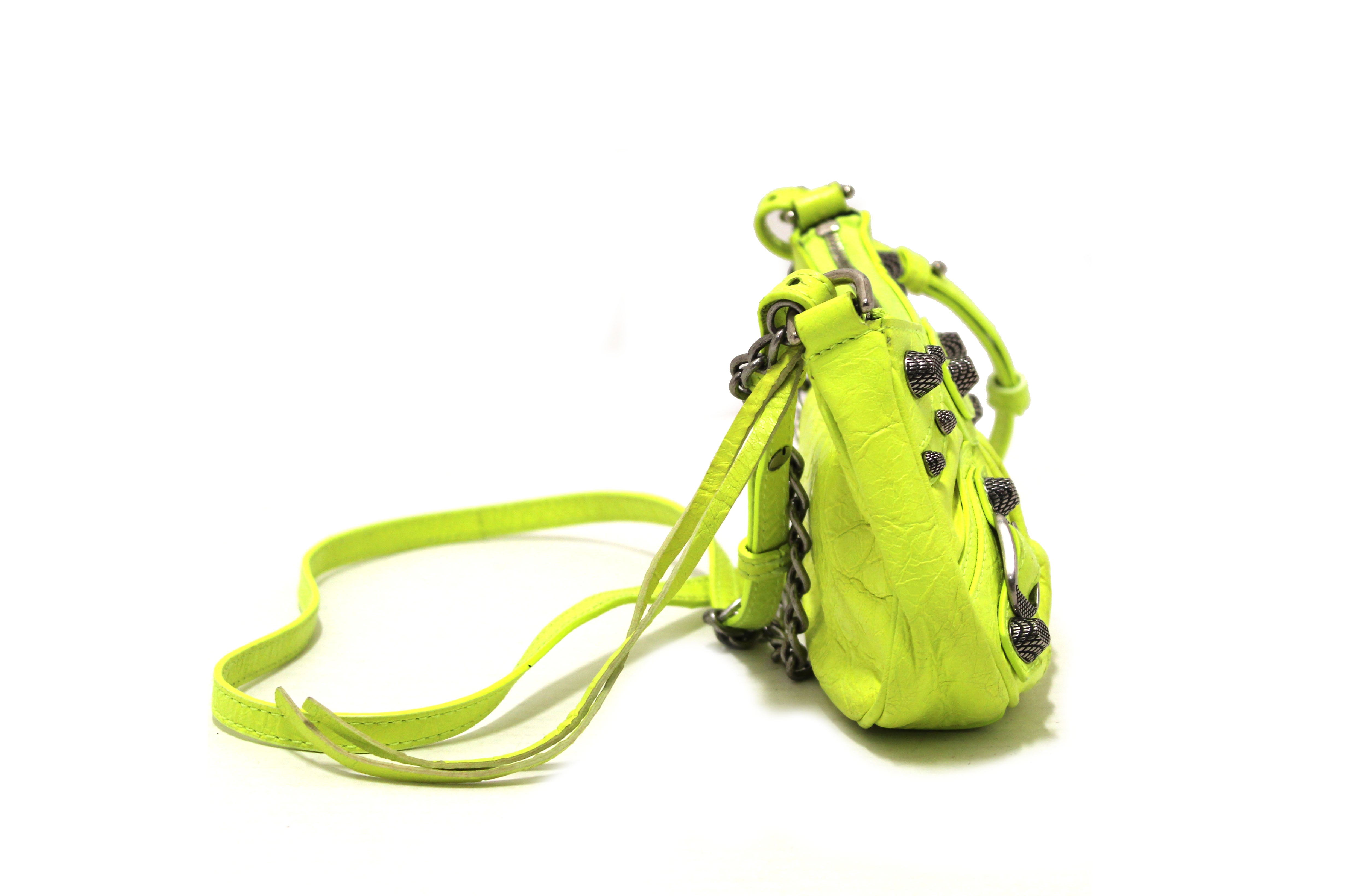 Authentic Balenciaga Neon Green Leather Le Cagole Mini Shoulder Bag