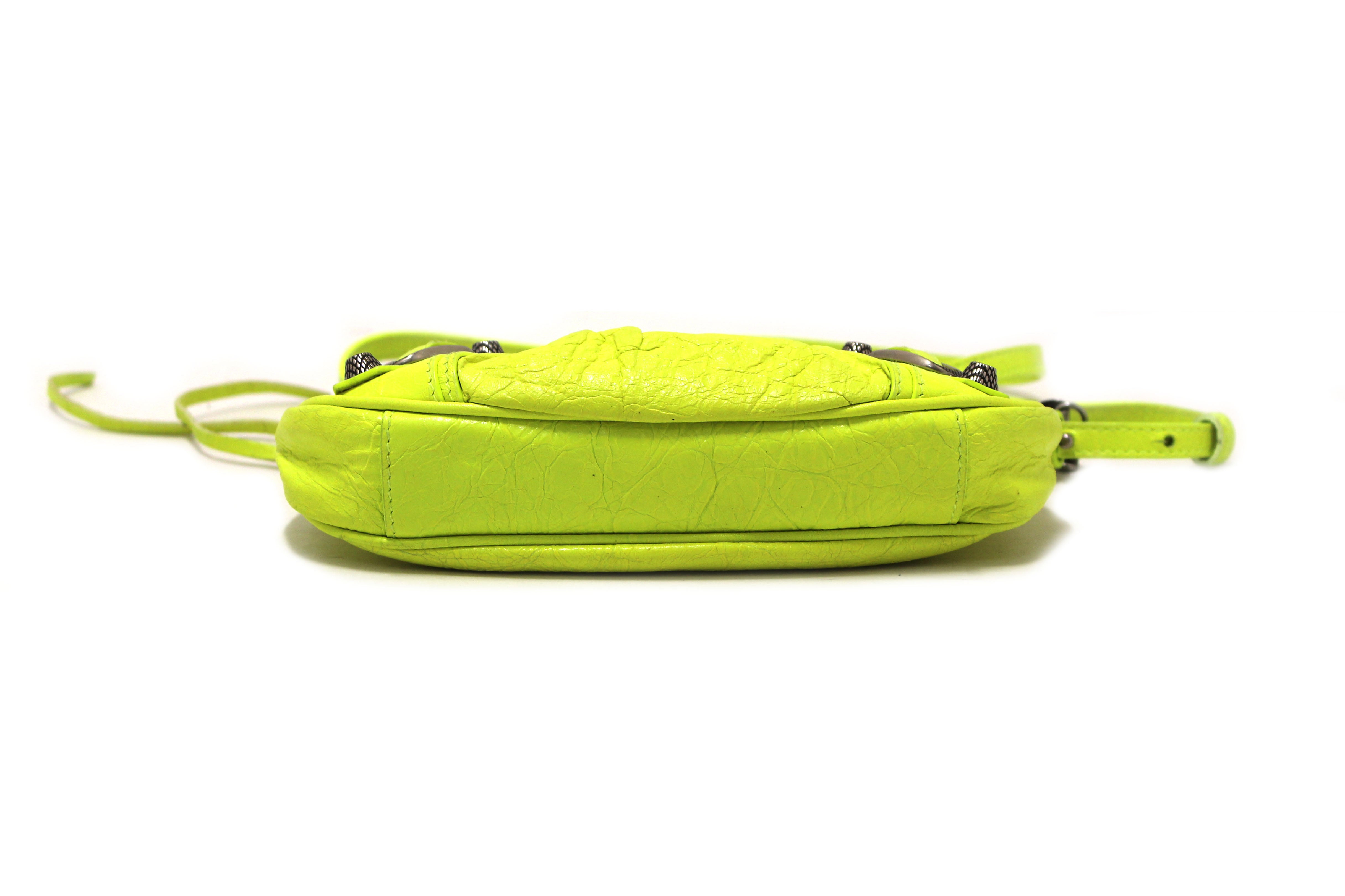 Authentic Balenciaga Neon Green Leather Le Cagole Mini Shoulder Bag