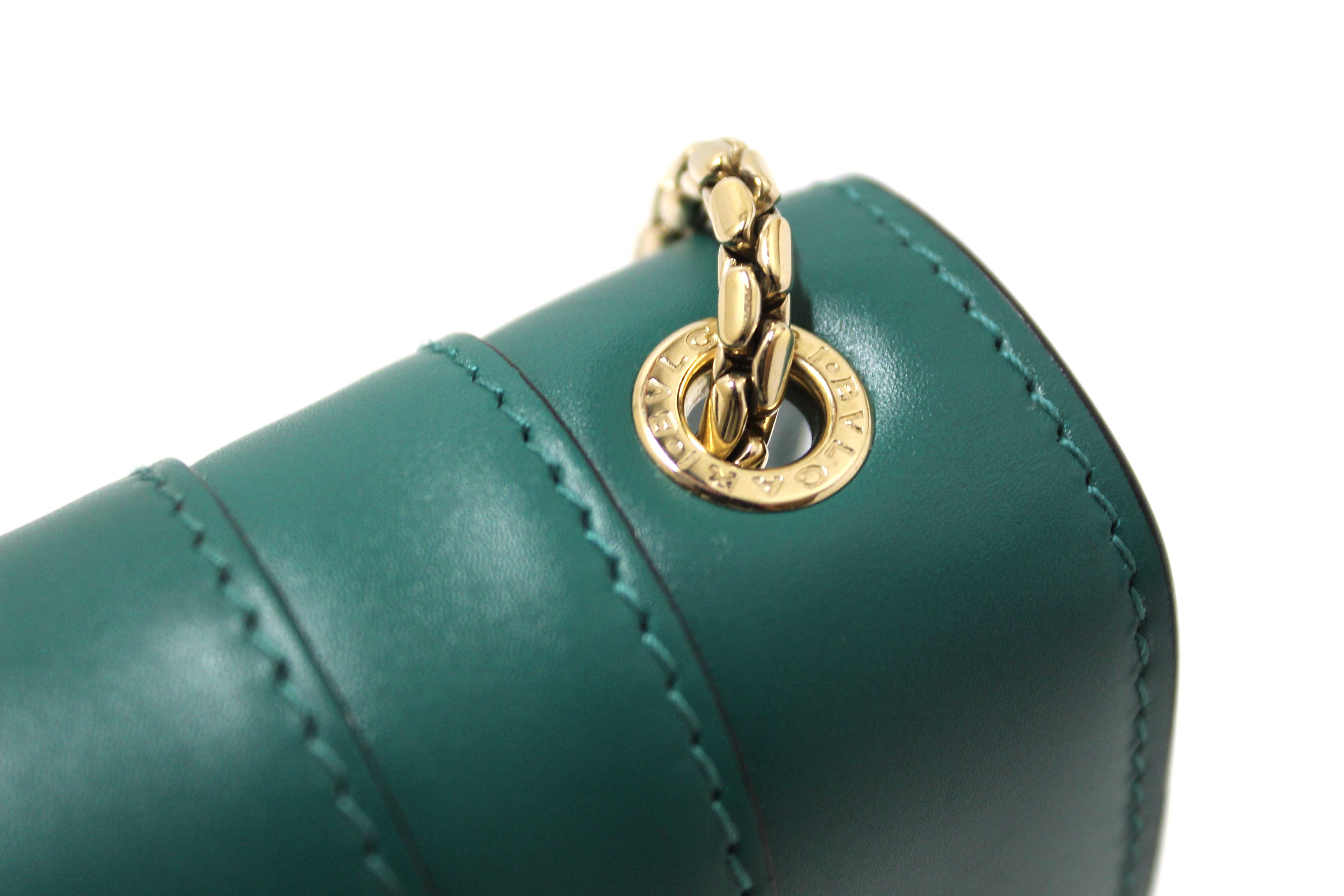 Authentic Bvlgari Emerald Green Calfskin Leather Snake Chain Small Serpenti Forever Crossbody Bag