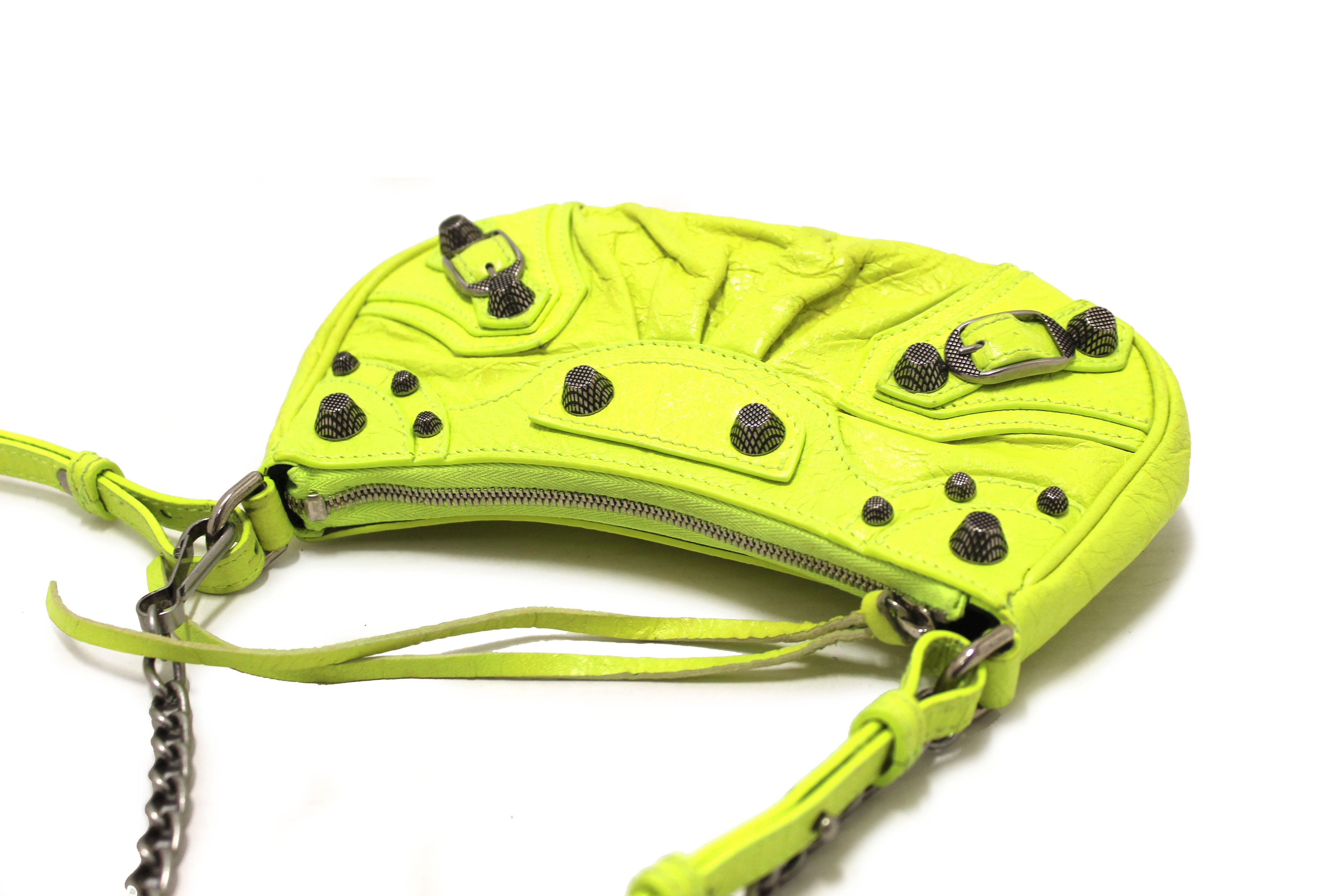 Authentic Balenciaga Neon Green Leather Le Cagole Mini Shoulder Bag