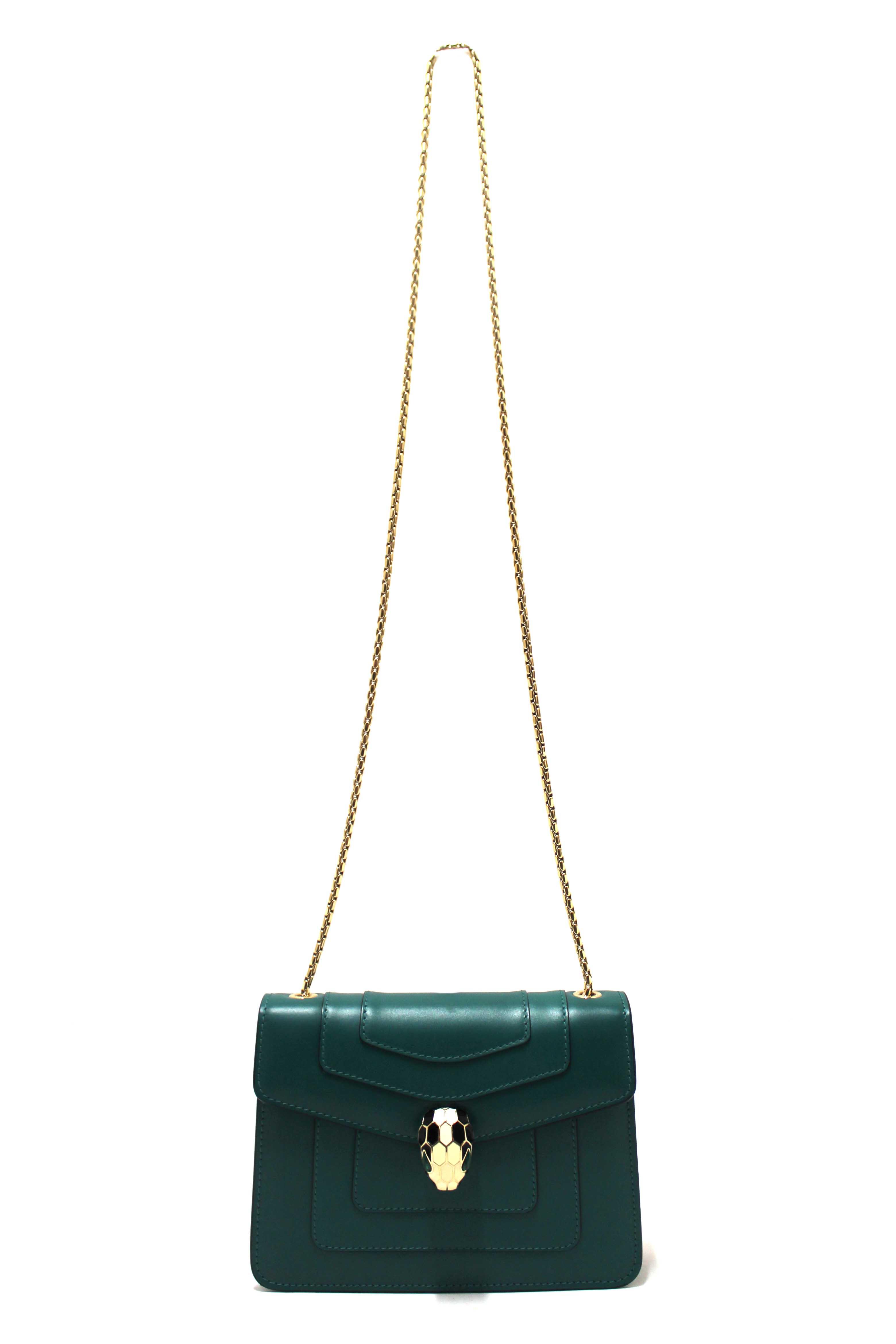 Authentic Bvlgari Emerald Green Calfskin Leather Snake Chain Small Serpenti Forever Crossbody Bag