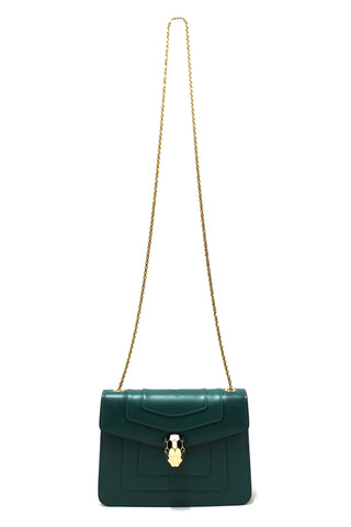 Authentic Bvlgari Emerald Green Calfskin Leather Snake Chain Small Serpenti Forever Crossbody Bag