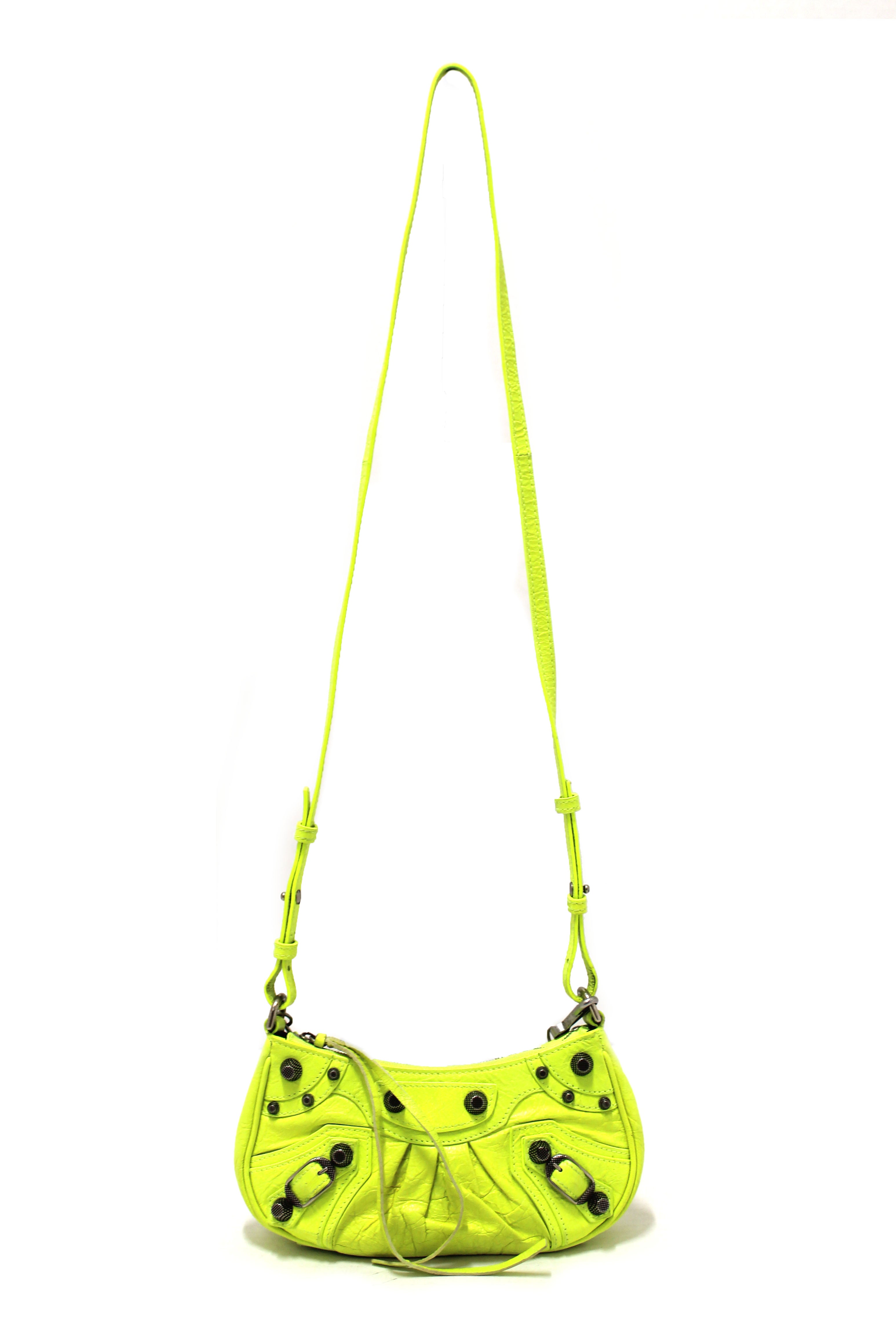 Authentic Balenciaga Neon Green Leather Le Cagole Mini Shoulder Bag