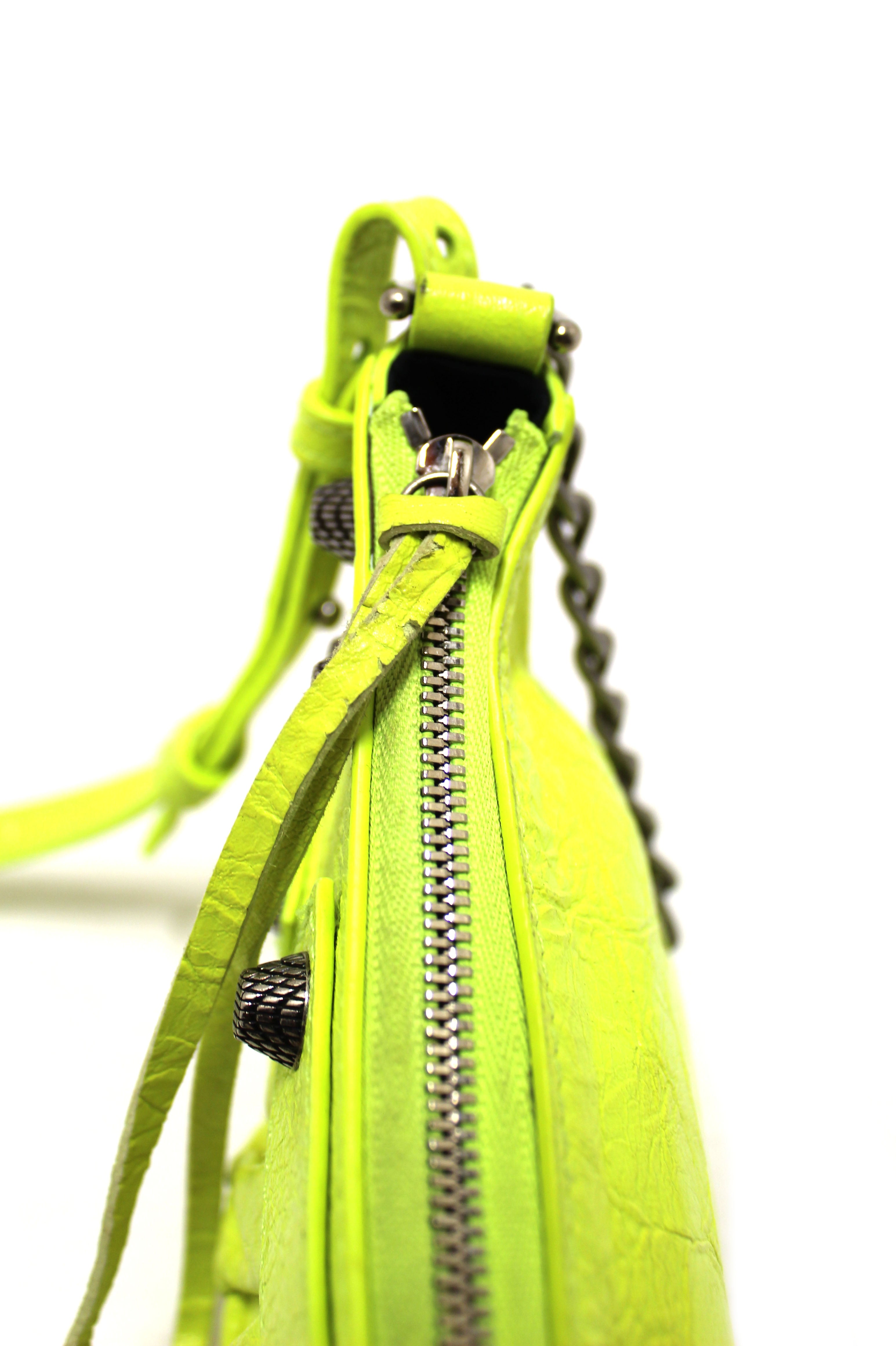 Authentic Balenciaga Neon Green Leather Le Cagole Mini Shoulder Bag