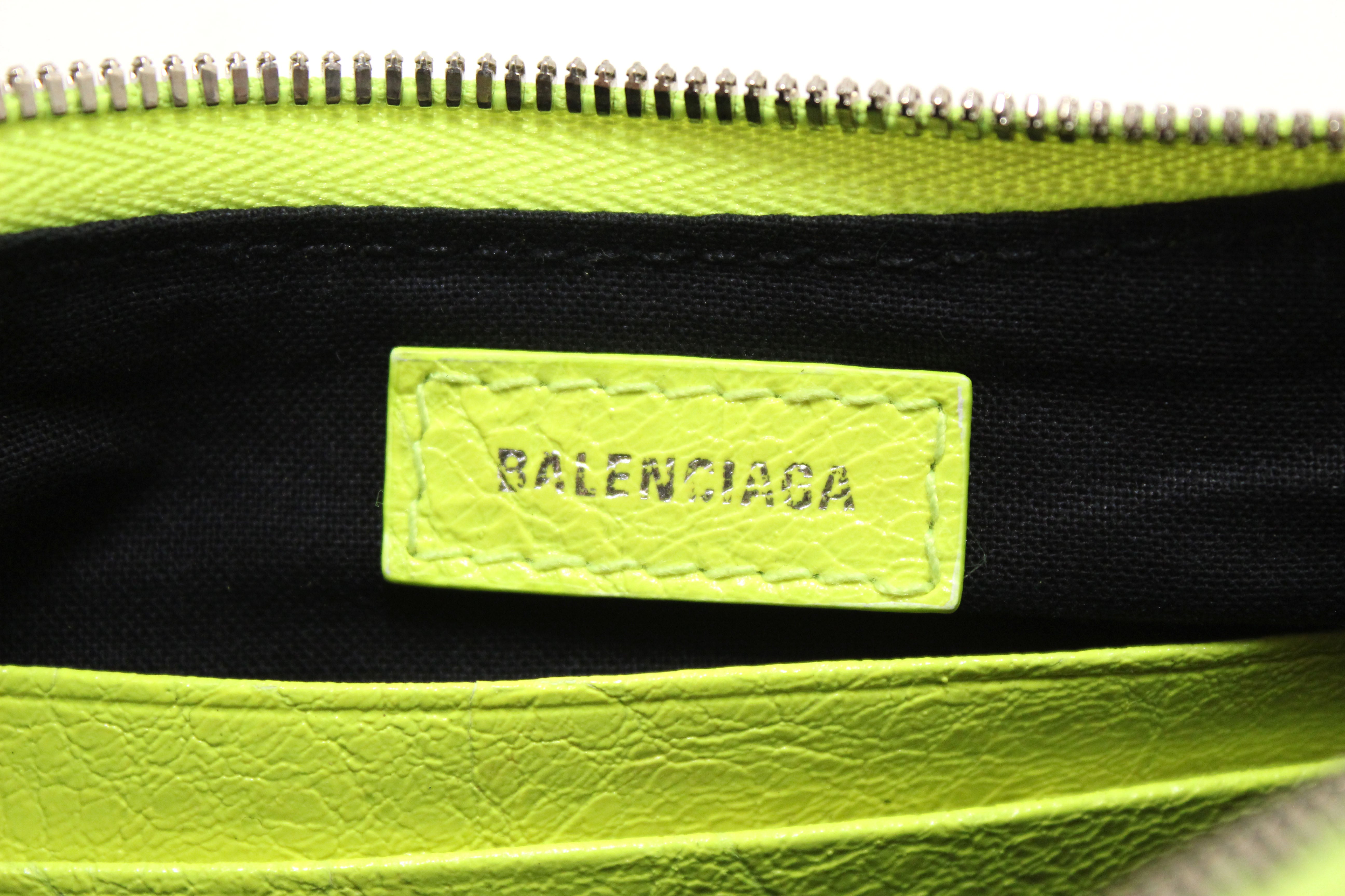 Authentic Balenciaga Neon Green Leather Le Cagole Mini Shoulder Bag