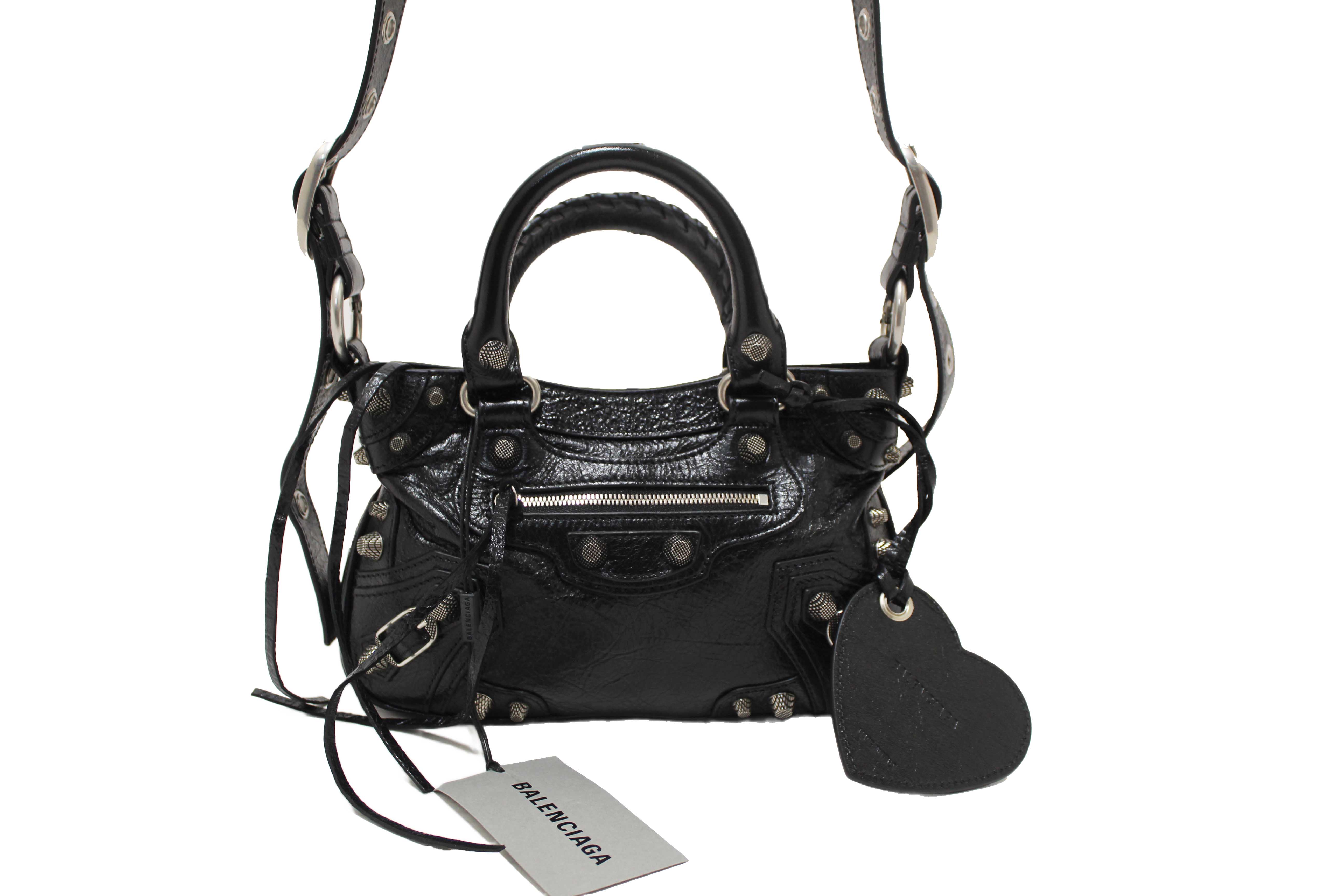 Authentic NEW Balenciaga Black Arena Lambskin Leather Neo Cagole Small Tote Bag