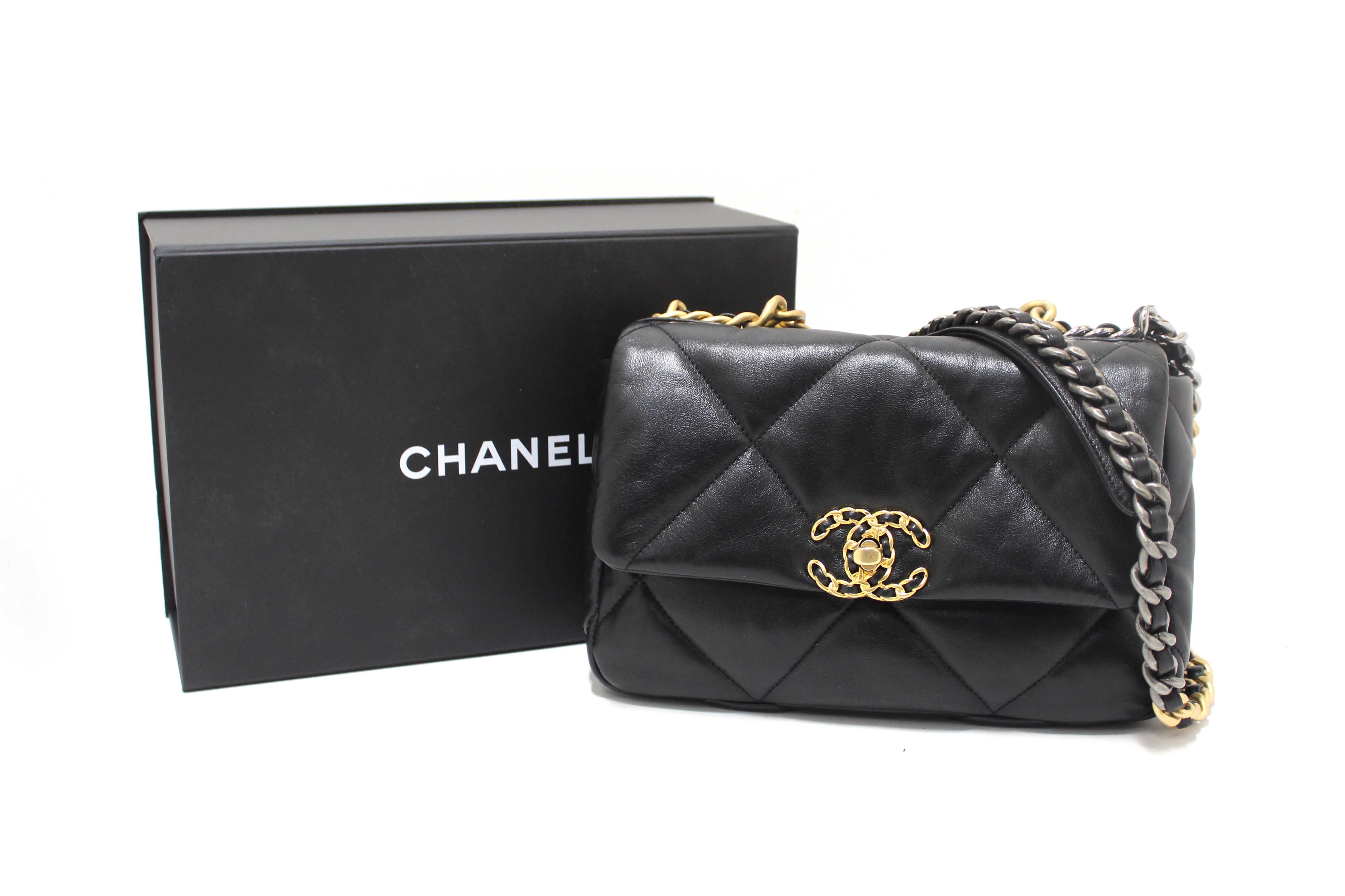 Authentic Chanel 19 Small Black Quilted Lambskin Leather Shoulder Crossbody Bag