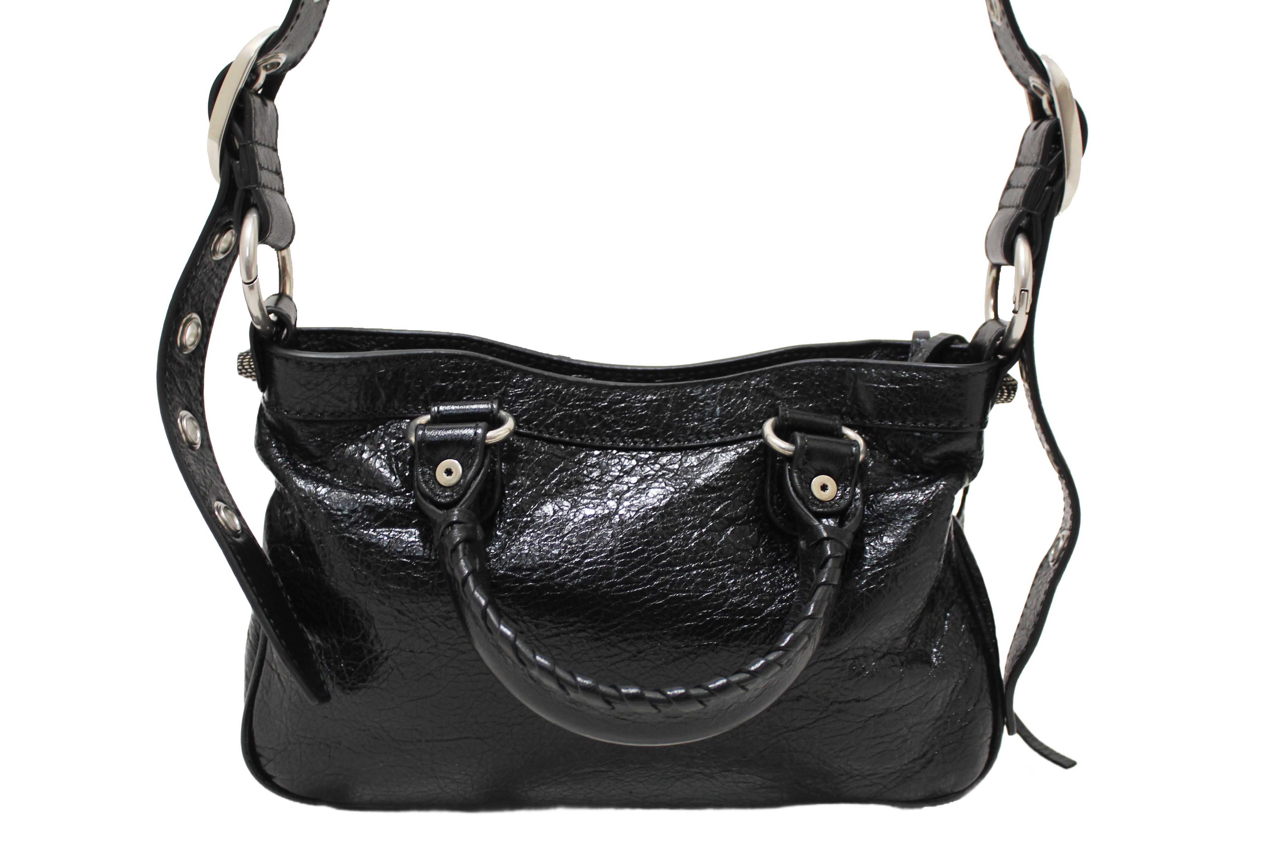 Authentic NEW Balenciaga Black Arena Lambskin Leather Neo Cagole Small Tote Bag