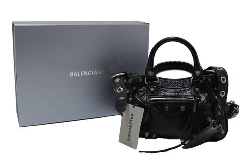 Authentic NEW Balenciaga Black Arena Lambskin Leather Neo Cagole Small Tote Bag
