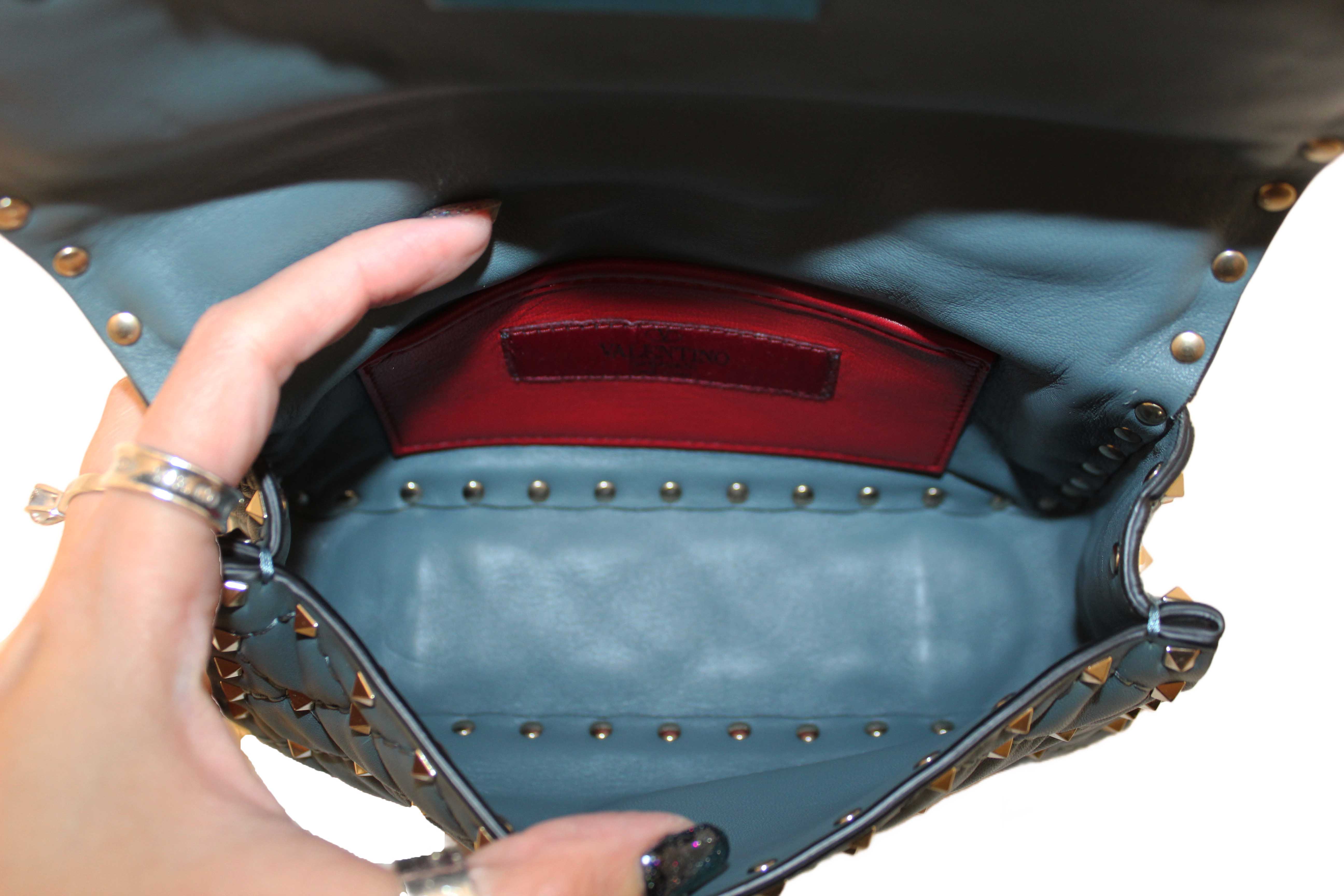 Authentic Valentino Garavani Blue Quilted Nappa Leather Rockstud Spike Small Shoulder Bag