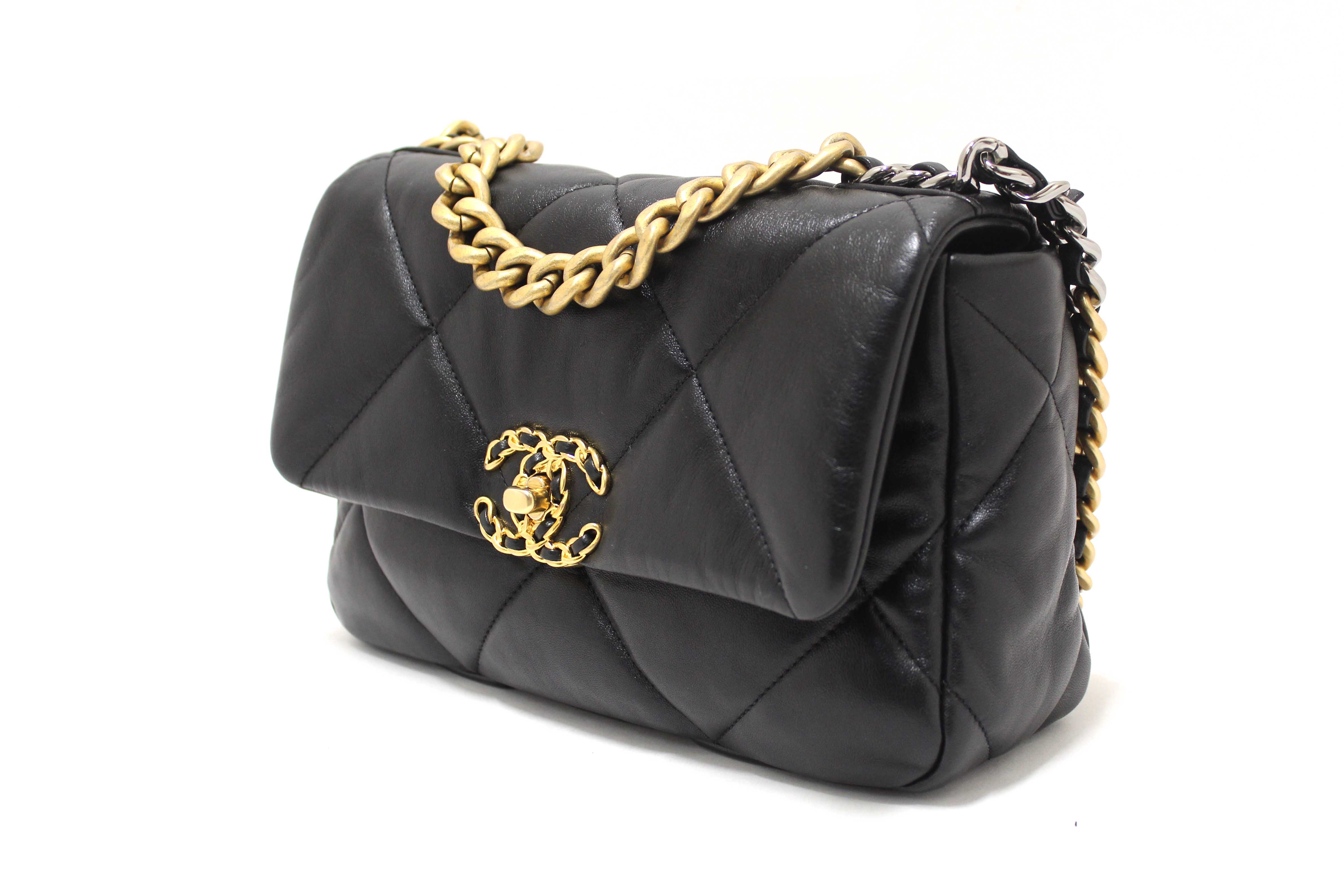 Authentic Chanel 19 Small Black Quilted Lambskin Leather Shoulder Crossbody Bag