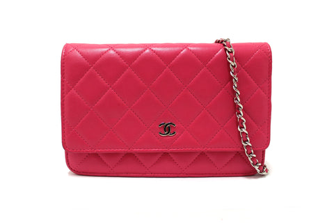 Authentic Chanel Fuchsia Pink Quilted Lambskin Leather Wallet On Chain WOC Messenger Bag