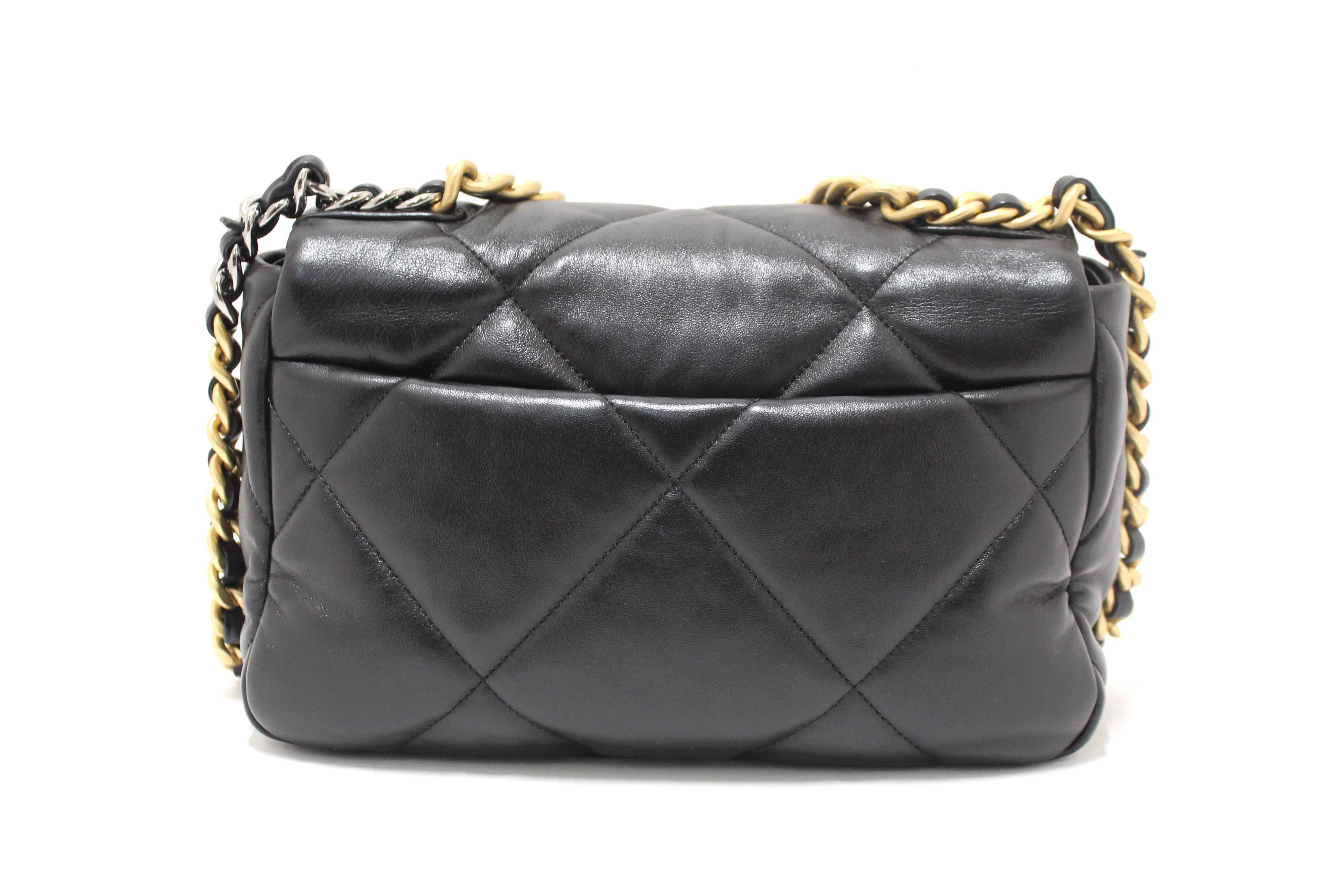 Authentic Chanel 19 Small Black Quilted Lambskin Leather Shoulder Crossbody Bag