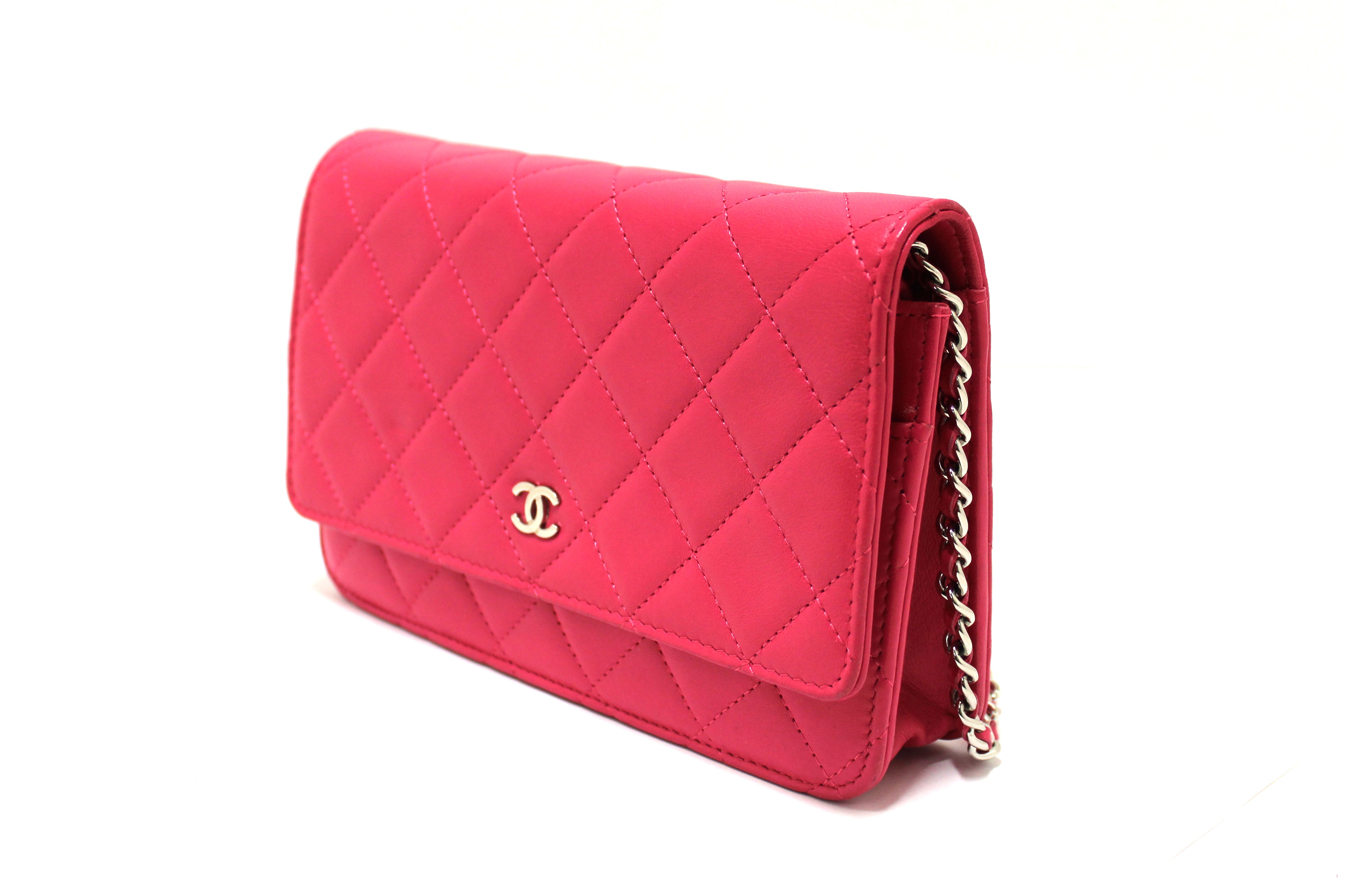 Authentic Chanel Fuchsia Pink Quilted Lambskin Leather Wallet On Chain WOC Messenger Bag