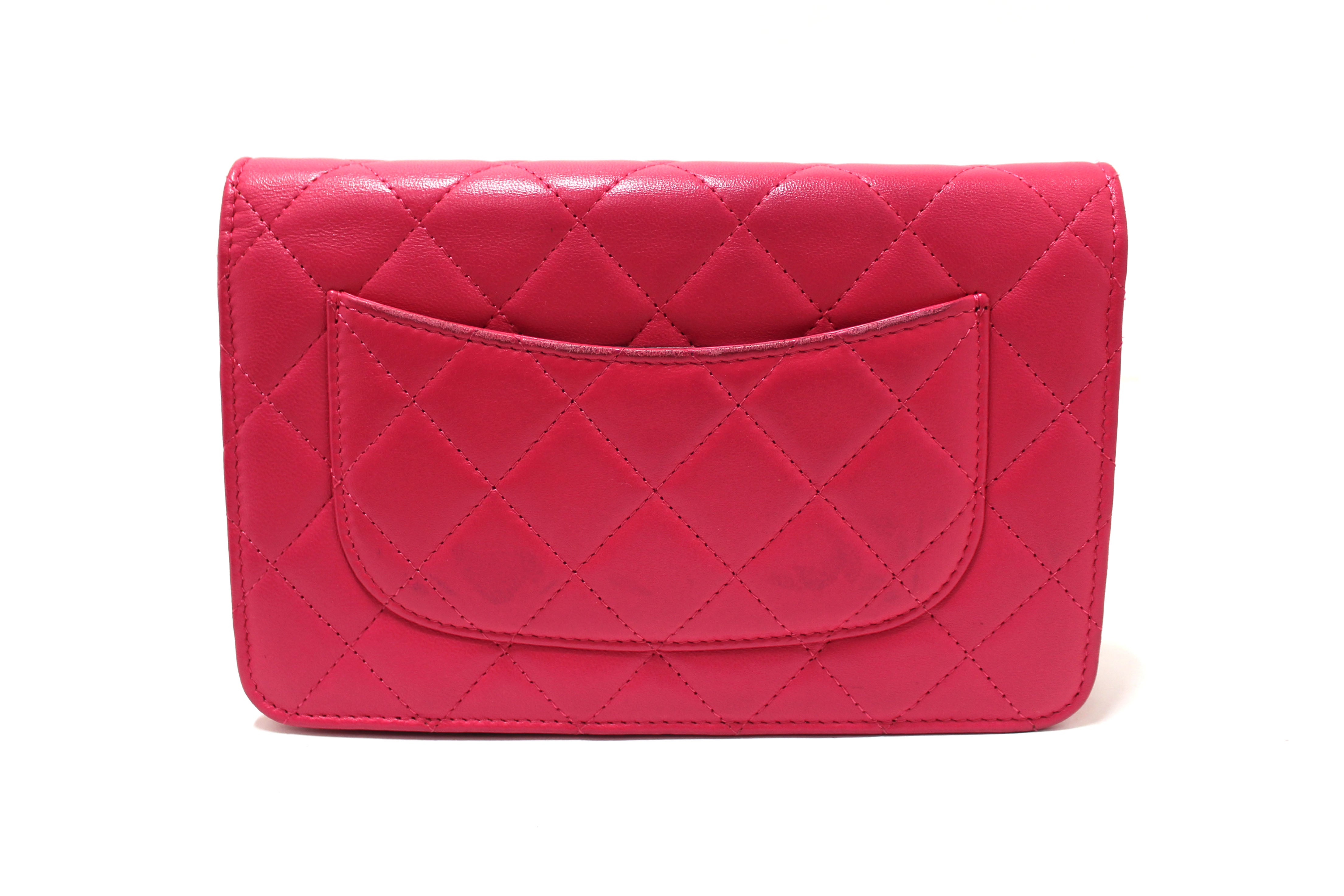 Authentic Chanel Fuchsia Pink Quilted Lambskin Leather Wallet On Chain WOC Messenger Bag