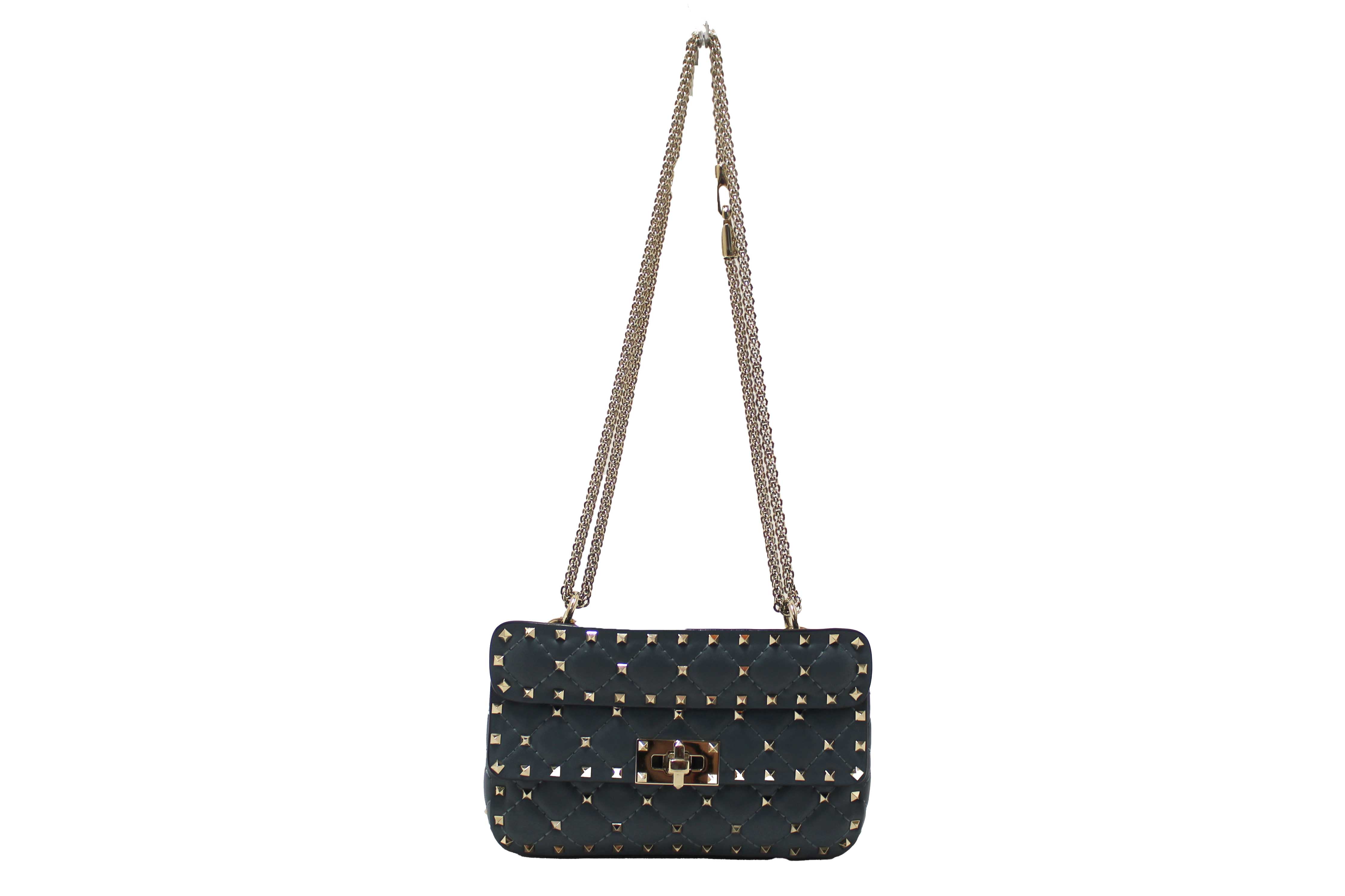 Authentic Valentino Garavani Blue Quilted Nappa Leather Rockstud Spike Small Shoulder Bag