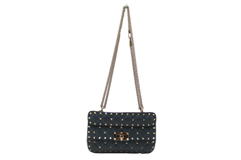 Authentic Valentino Garavani Blue Quilted Nappa Leather Rockstud Spike Small Shoulder Bag