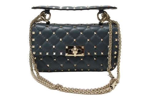 Authentic Valentino Garavani Blue Quilted Nappa Leather Rockstud Spike Small Shoulder Bag