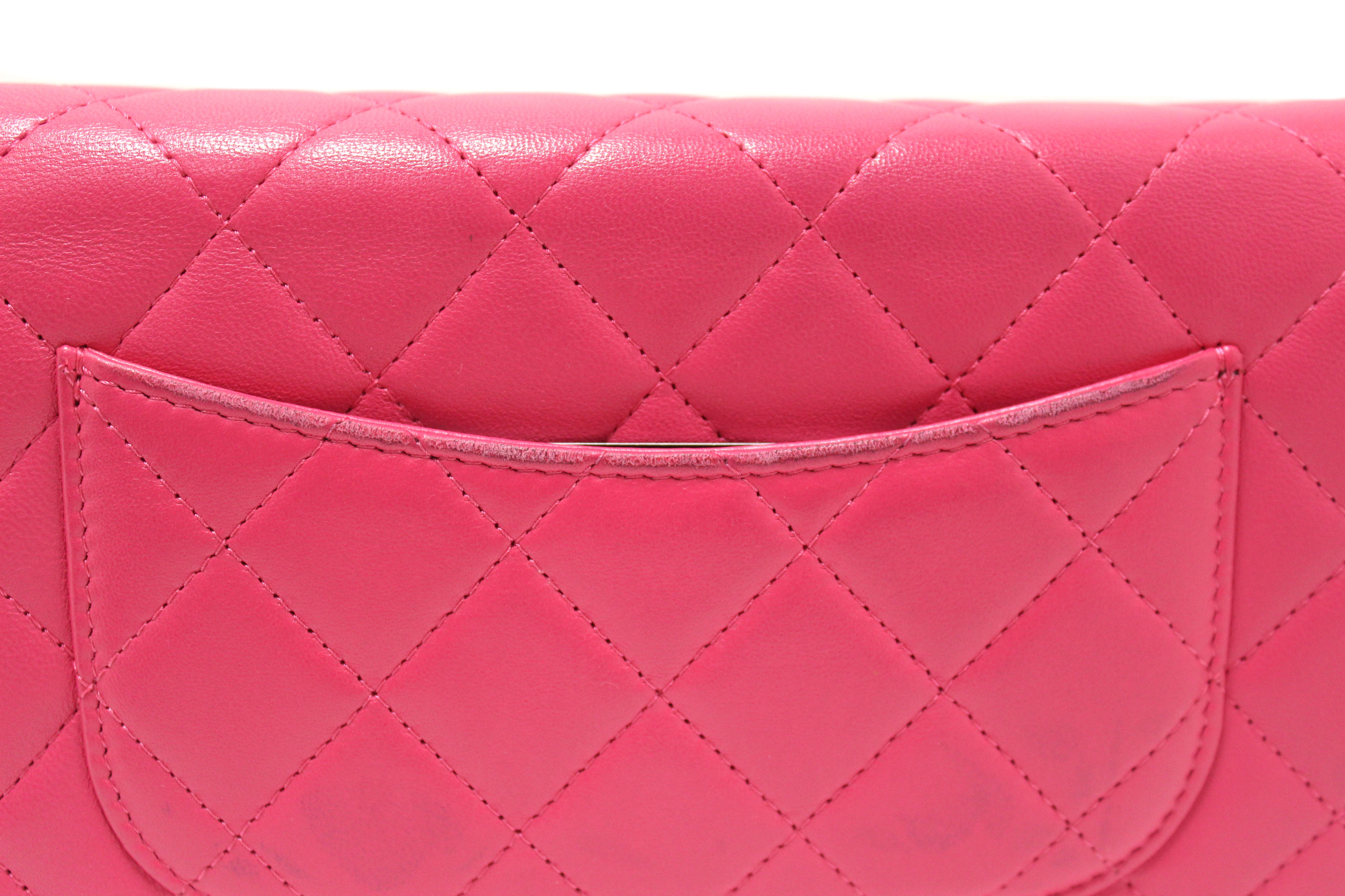 Authentic Chanel Fuchsia Pink Quilted Lambskin Leather Wallet On Chain WOC Messenger Bag