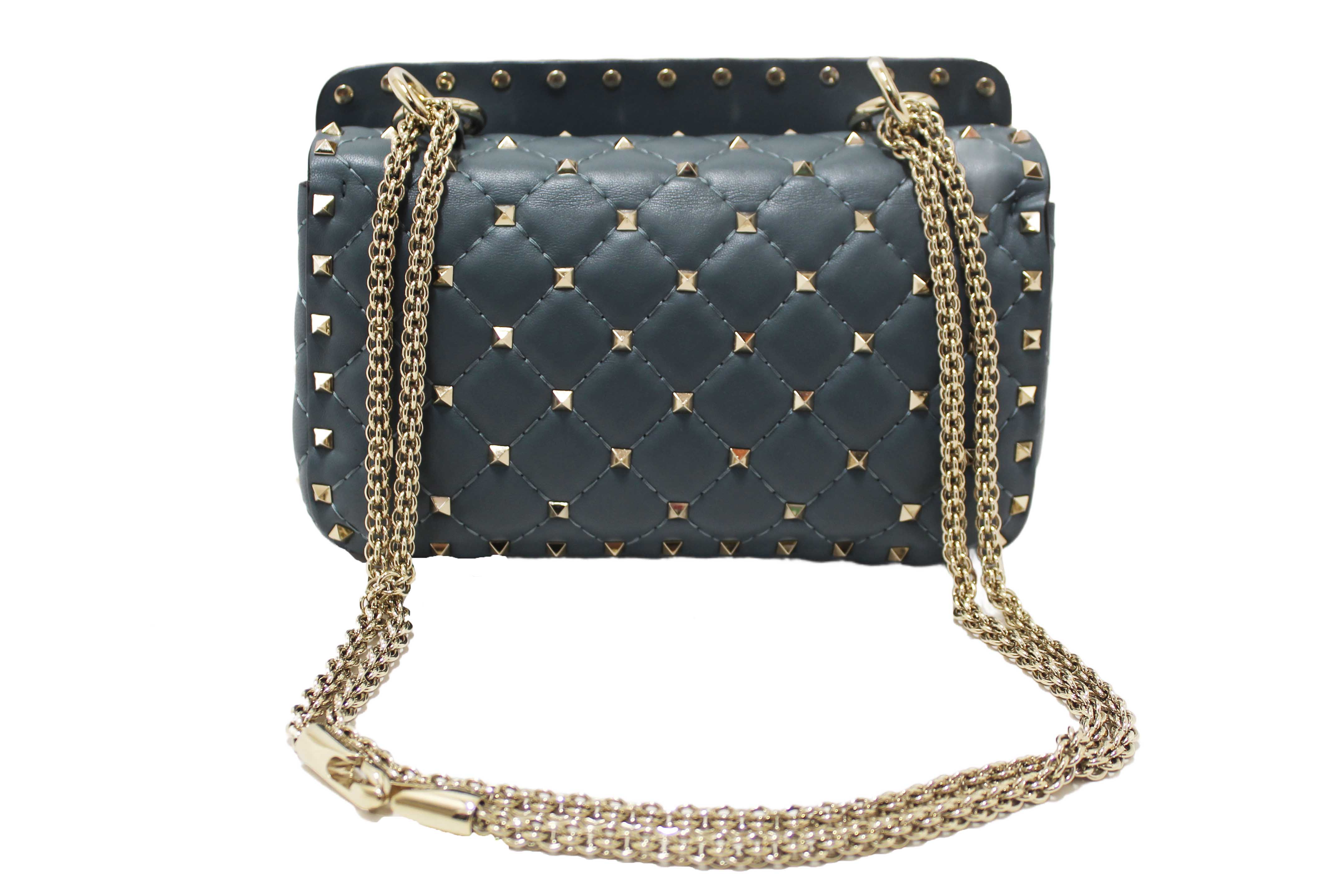 Authentic Valentino Garavani Blue Quilted Nappa Leather Rockstud Spike Small Shoulder Bag