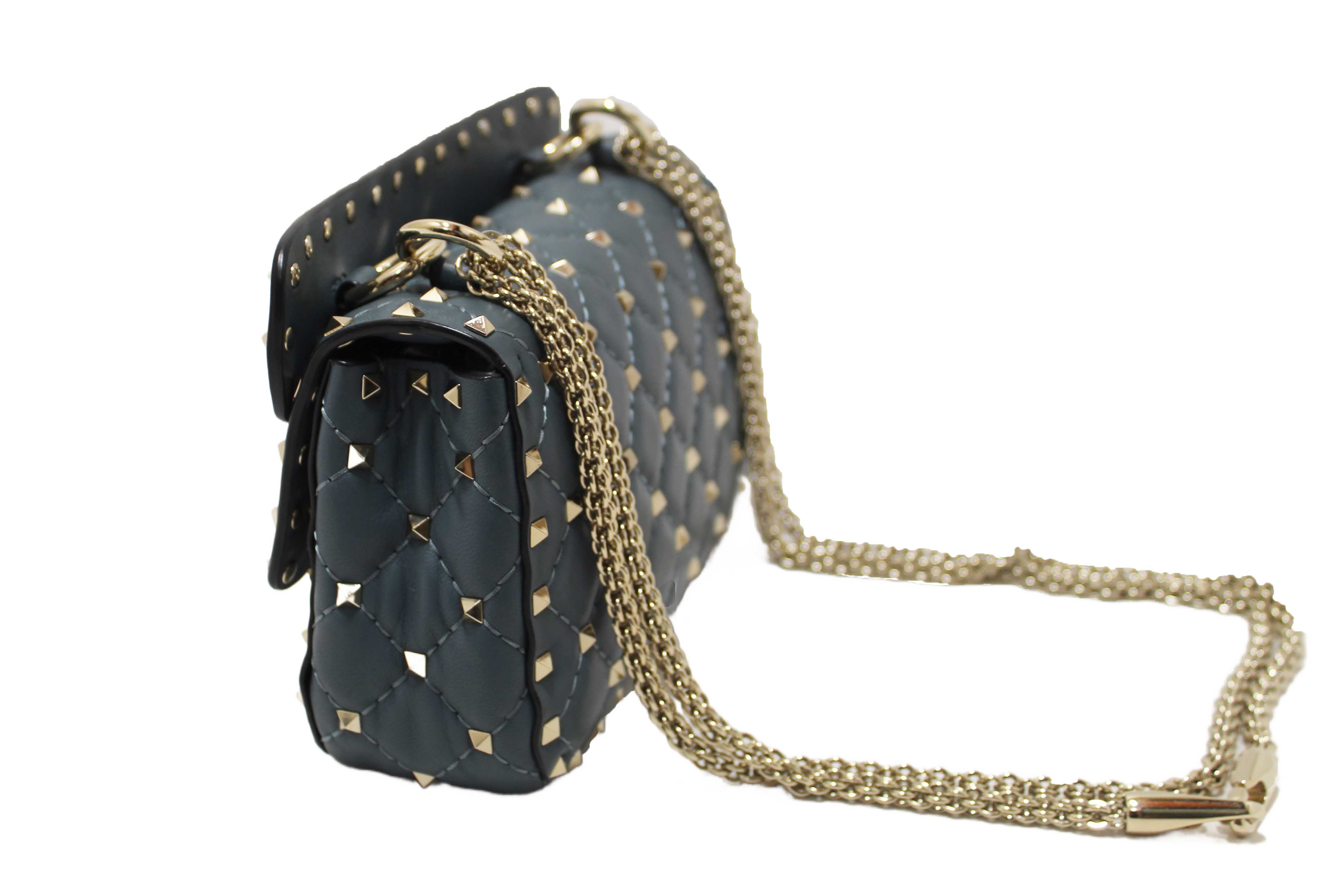 Authentic Valentino Garavani Blue Quilted Nappa Leather Rockstud Spike Small Shoulder Bag