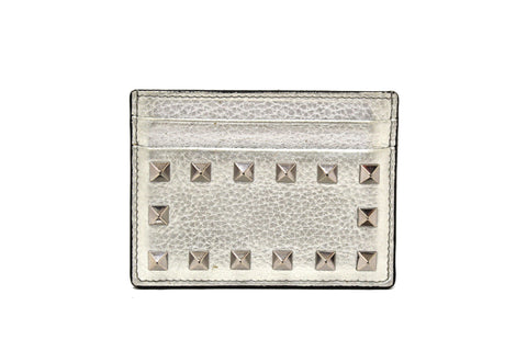 Authentic Valentino Metallic Silver Rockstud Calfskin Card holder