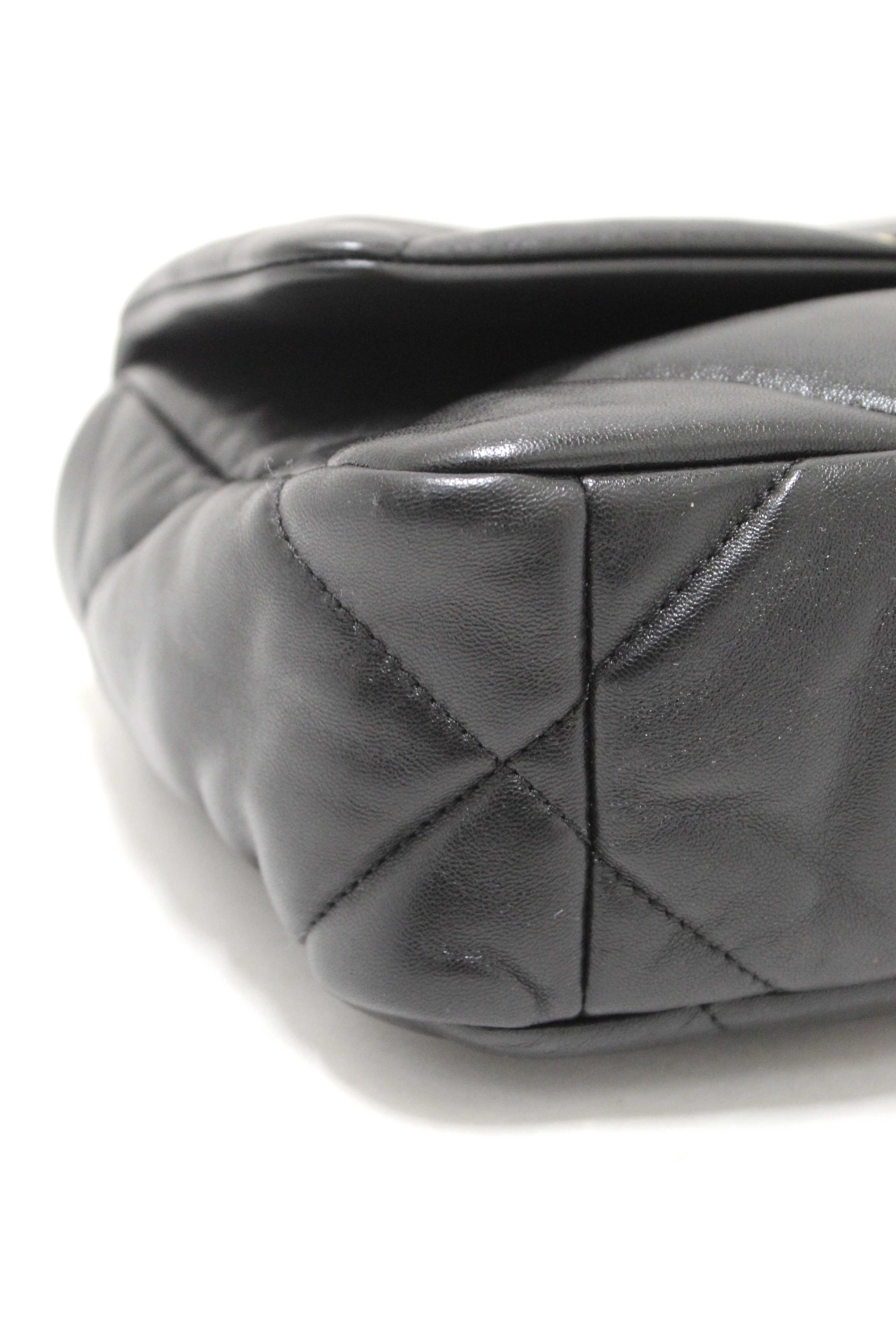 Authentic Chanel 19 Small Black Quilted Lambskin Leather Shoulder Crossbody Bag