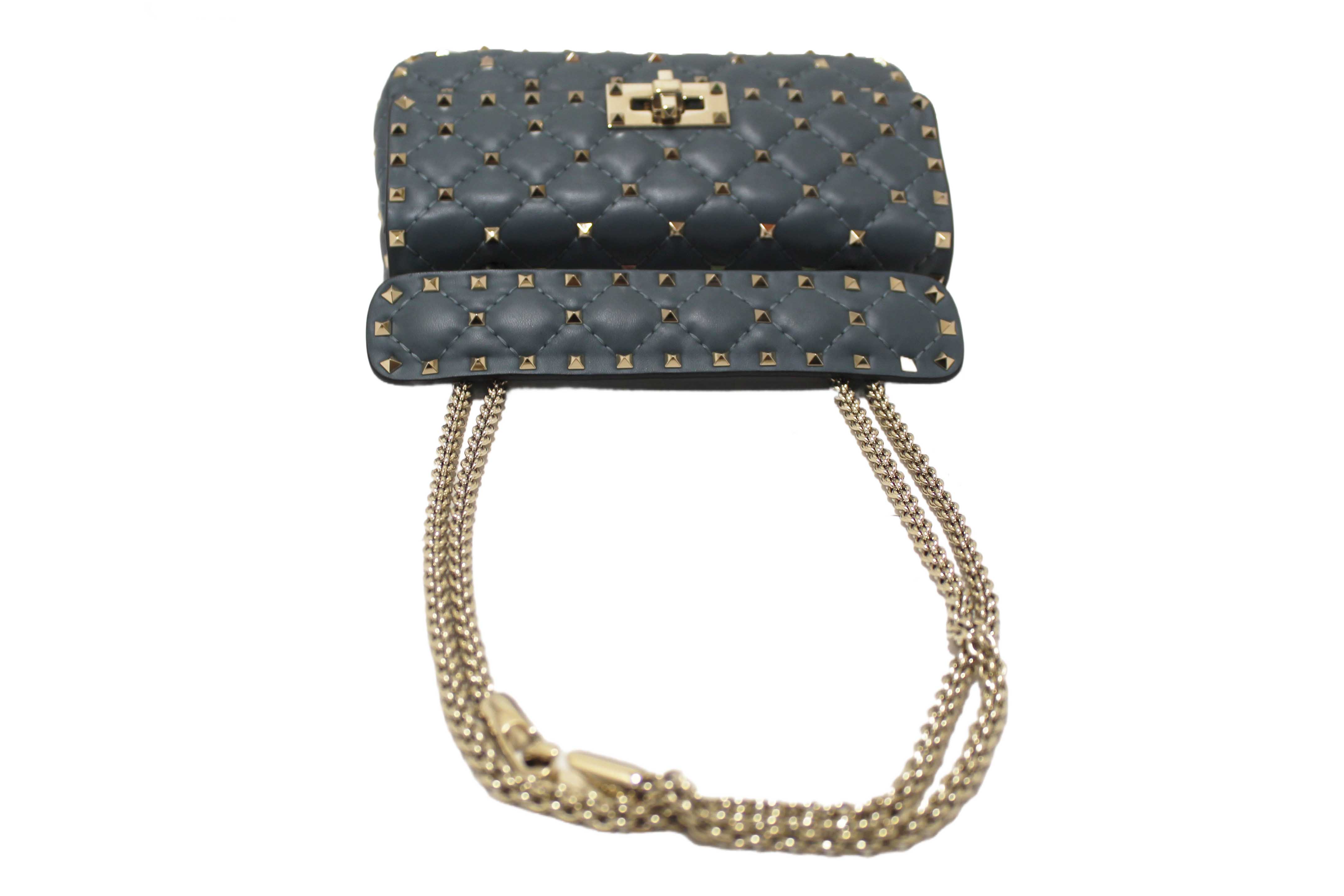 Authentic Valentino Garavani Blue Quilted Nappa Leather Rockstud Spike Small Shoulder Bag