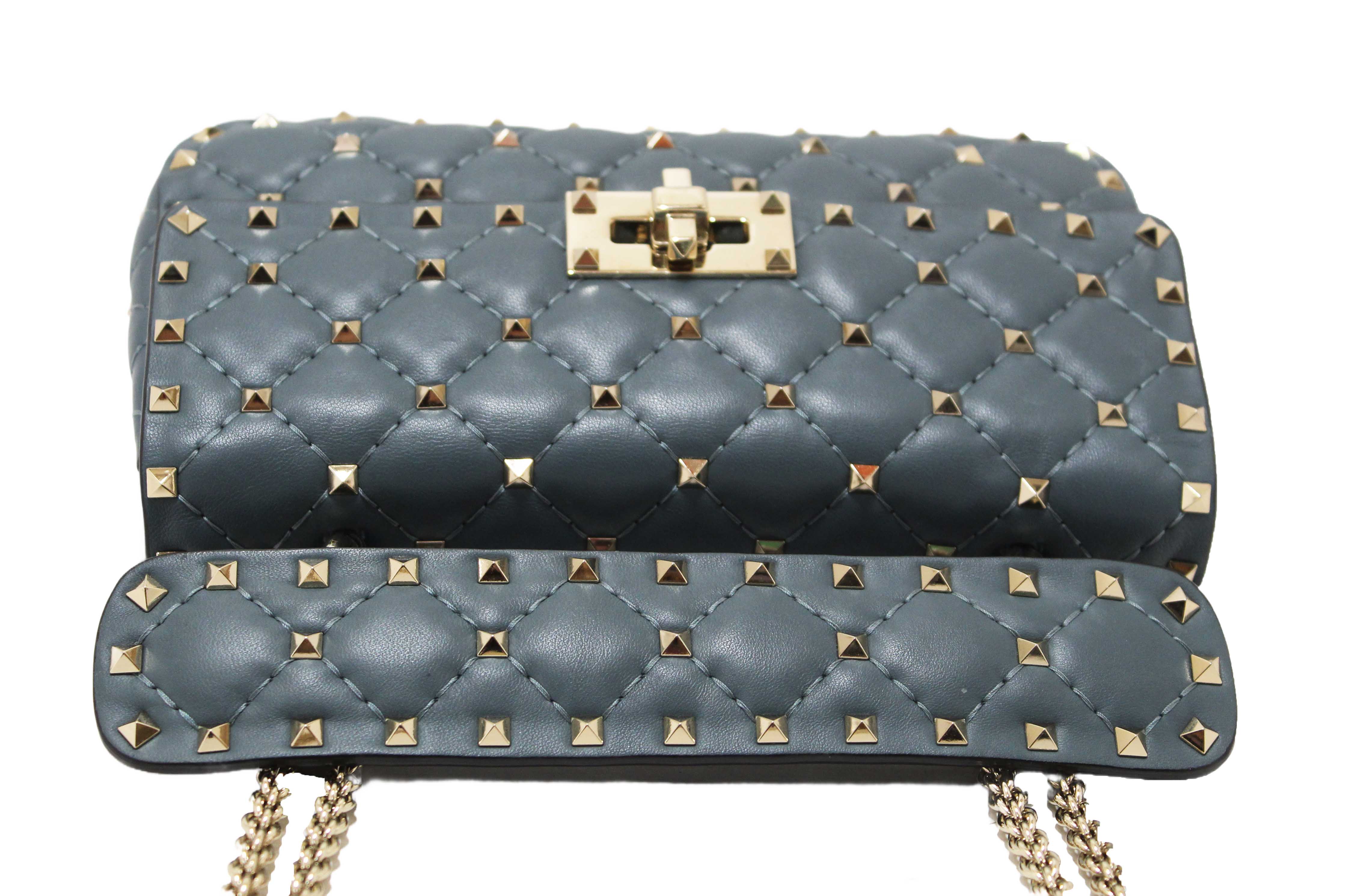 Authentic Valentino Garavani Blue Quilted Nappa Leather Rockstud Spike Small Shoulder Bag