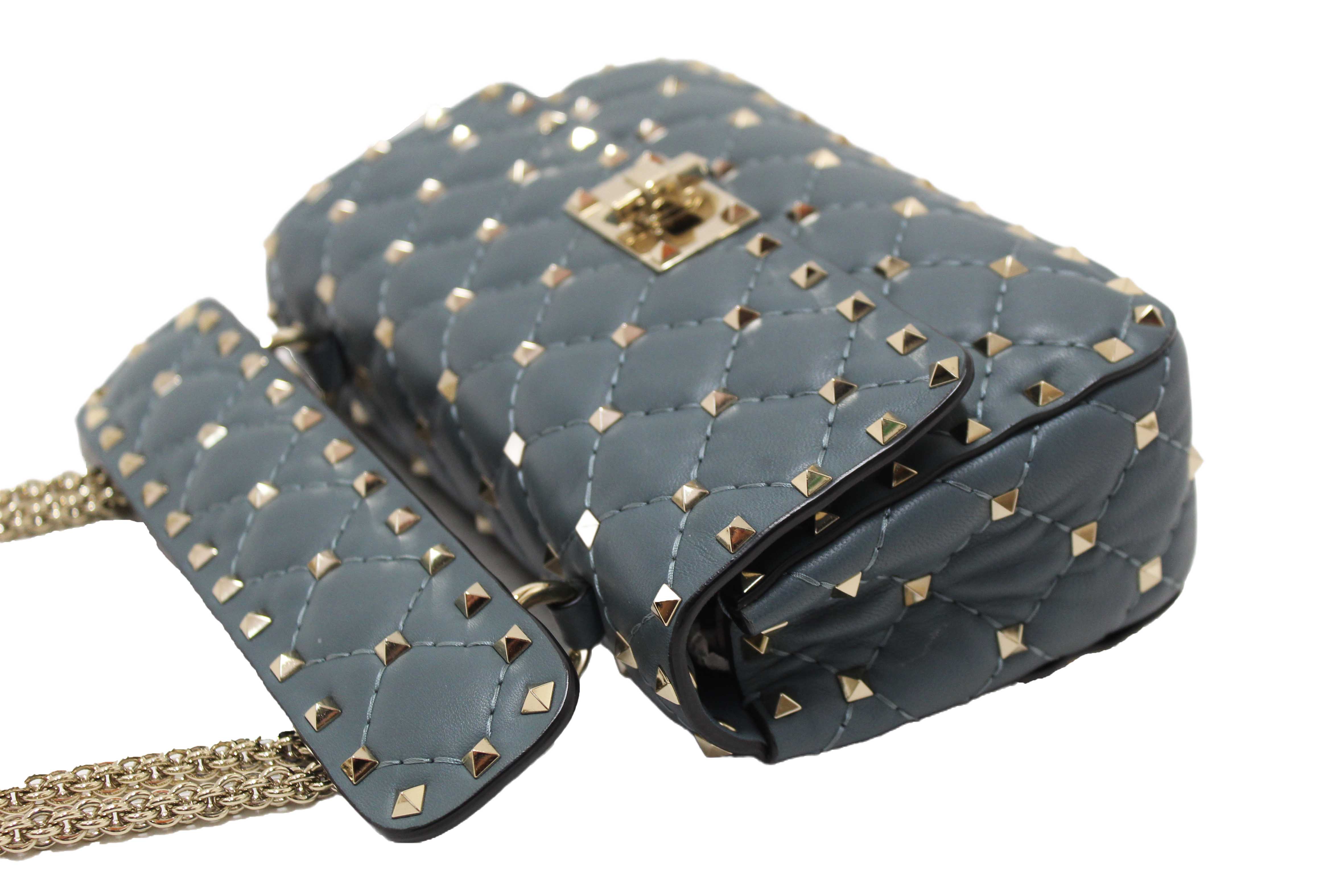 Authentic Valentino Garavani Blue Quilted Nappa Leather Rockstud Spike Small Shoulder Bag